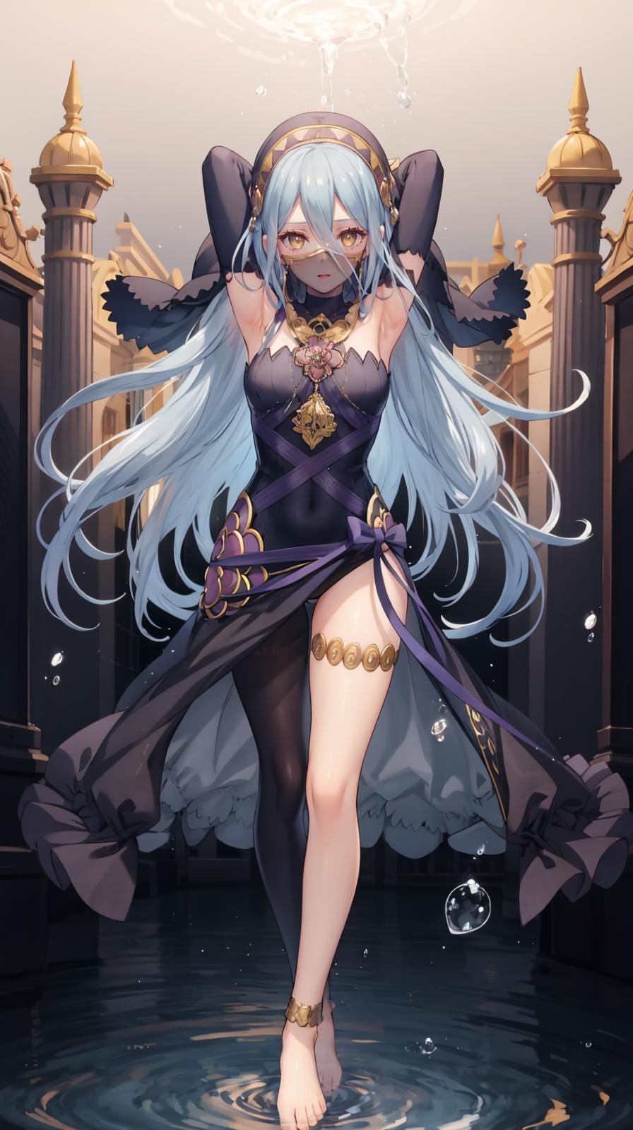 (extremely detailed CG, best quality:1.1), 1girl, perfect face, bright pupils, (finely detailed beautiful eyes:1.1), yellow eyes, wide hips, narrow waist, very long hair, hair between eyes, veil, elbow gloves, fingerless gloves, jewelry, dress, (mouth veil:1.2), barefoot, anklet, (single leg pantyhose:1.2), full body, crossed legs, arms up, water, aura, theater, <lora:AzuraPerformingArtsSuit:0.7>