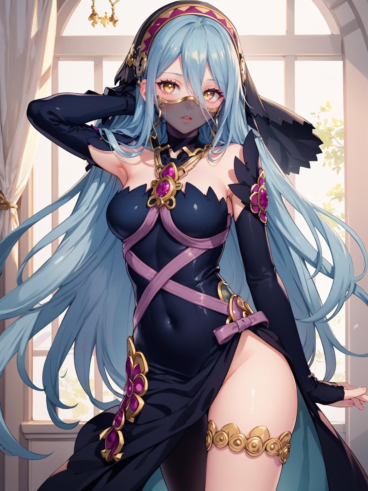 (extremely detailed CG, best quality:1.1), 1girl, perfect face, bright pupils, (finely detailed beautiful eyes:1.1), yellow eyes, wide hips, narrow waist, very long hair, hair between eyes, veil, elbow gloves, fingerless gloves, jewelry, dress, (mouth veil:1.2), barefoot, anklet, (single leg pantyhose:1.2), <lora:AzuraPerformingArtsSuit:0.6>