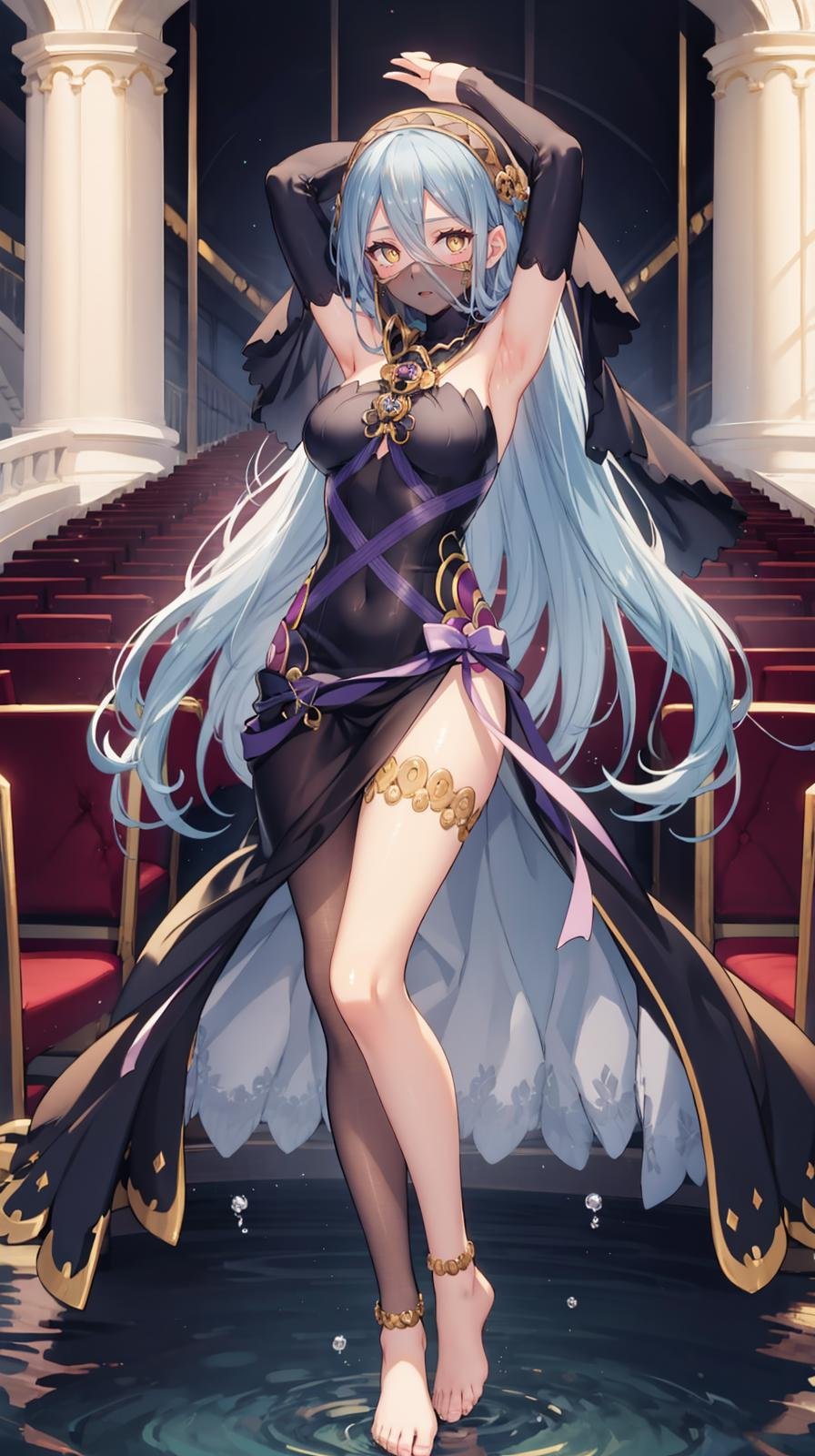 (extremely detailed CG, best quality:1.1), 1girl, perfect face, bright pupils, (finely detailed beautiful eyes:1.1), yellow eyes, wide hips, narrow waist, very long hair, hair between eyes, veil, elbow gloves, fingerless gloves, jewelry, dress, (mouth veil:1.2), barefoot, anklet, (single leg pantyhose:1.2), full body, crossed legs, arms up, water, aura, auditorium, <lora:AzuraPerformingArtsSuit:0.6>