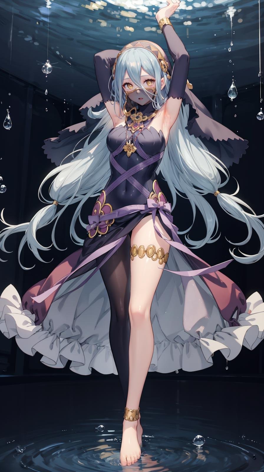 (extremely detailed CG, best quality:1.1), 1girl, perfect face, bright pupils, (finely detailed beautiful eyes:1.1), yellow eyes, wide hips, narrow waist, very long hair, hair between eyes, veil, elbow gloves, fingerless gloves, jewelry, dress, (mouth veil:1.2), barefoot, anklet, (single leg pantyhose:1.2), full body, crossed legs, arms up, water, aura, theater, <lora:AzuraPerformingArtsSuit:0.7>