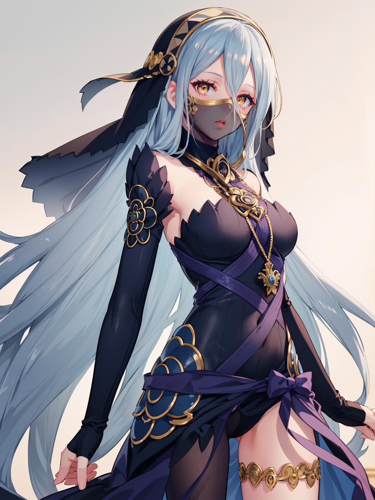 (extremely detailed CG, best quality:1.1), 1girl, perfect face, bright pupils, (finely detailed beautiful eyes:1.1), yellow eyes, wide hips, narrow waist, very long hair, hair between eyes, veil, elbow gloves, fingerless gloves, jewelry, dress, (mouth veil:1.2), barefoot, anklet, (single leg pantyhose:1.2), <lora:AzuraPerformingArtsSuit:0.6>