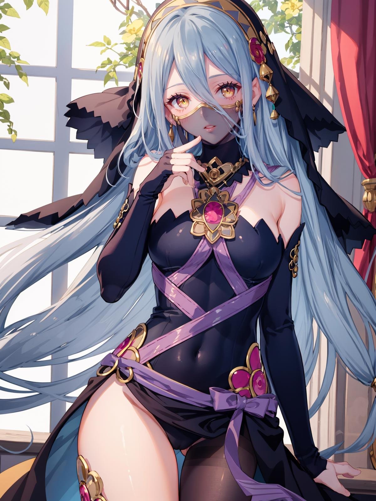 (extremely detailed CG, best quality:1.1), 1girl, perfect face, bright pupils, (finely detailed beautiful eyes:1.1), yellow eyes, wide hips, narrow waist, very long hair, hair between eyes, veil, elbow gloves, fingerless gloves, jewelry, dress, (mouth veil:1.2), barefoot, anklet, (single leg pantyhose:1.2), <lora:AzuraPerformingArtsSuit:0.6>