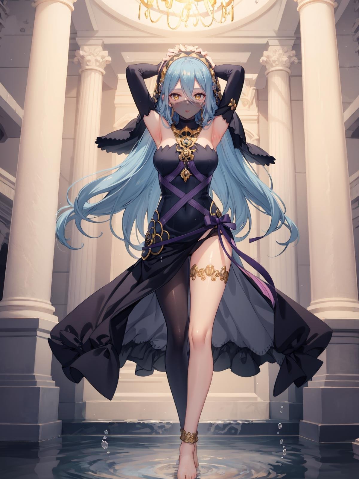 (extremely detailed CG, best quality:1.1), 1girl, perfect face, bright pupils, (finely detailed beautiful eyes:1.1), yellow eyes, wide hips, narrow waist, very long hair, hair between eyes, veil, elbow gloves, fingerless gloves, jewelry, dress, (mouth veil:1.2), barefoot, anklet, (single leg pantyhose:1.2), full body, crossed legs, arms up, water, aura, auditorium, <lora:AzuraPerformingArtsSuit:0.6>