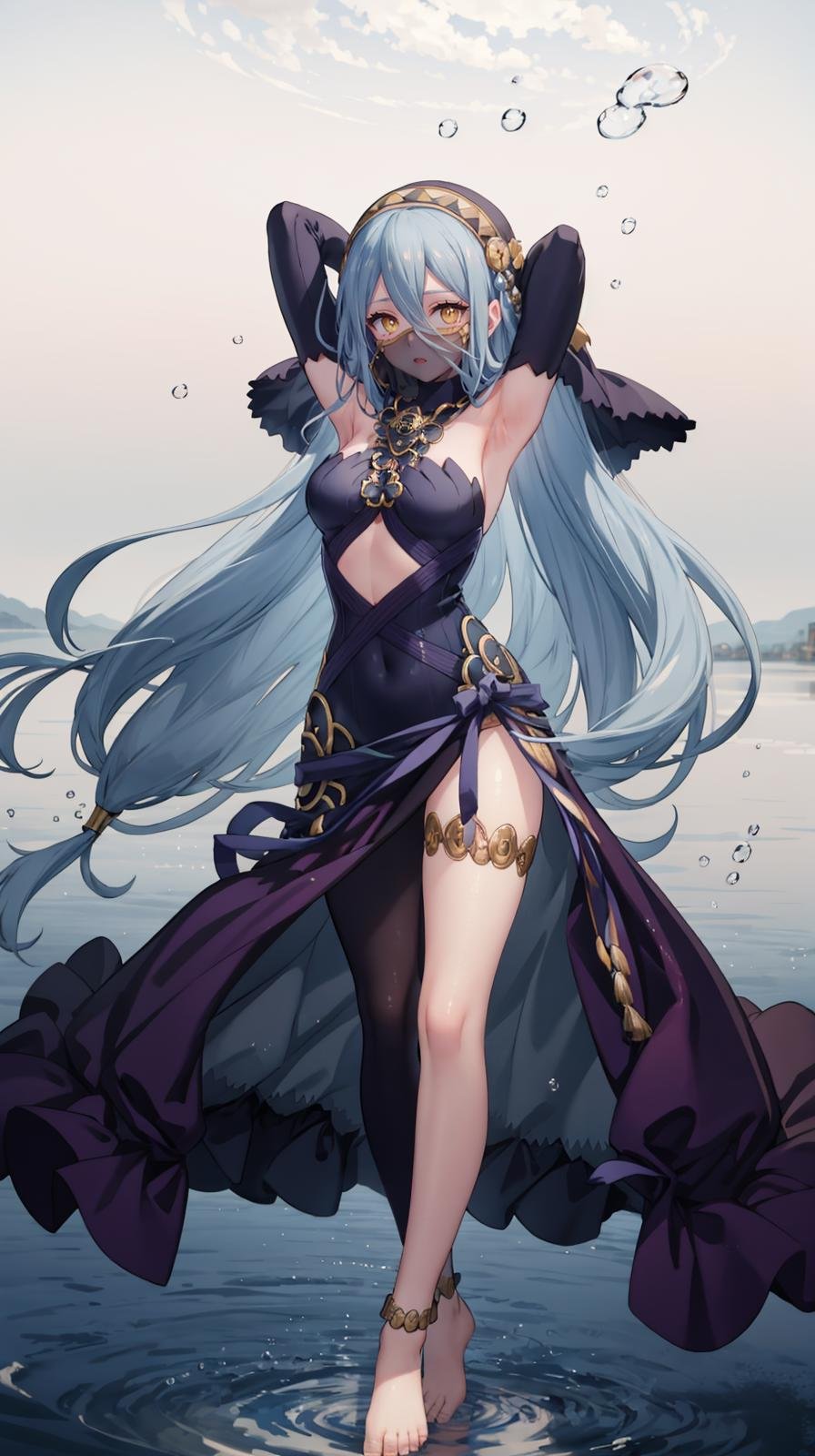 (extremely detailed CG, best quality:1.1), 1girl, perfect face, bright pupils, (finely detailed beautiful eyes:1.1), yellow eyes, wide hips, narrow waist, very long hair, hair between eyes, veil, elbow gloves, fingerless gloves, jewelry, dress, (mouth veil:1.2), barefoot, anklet, (single leg pantyhose:1.2), full body, crossed legs, arms up, water, aura, theater, <lora:AzuraPerformingArtsSuit:0.7>