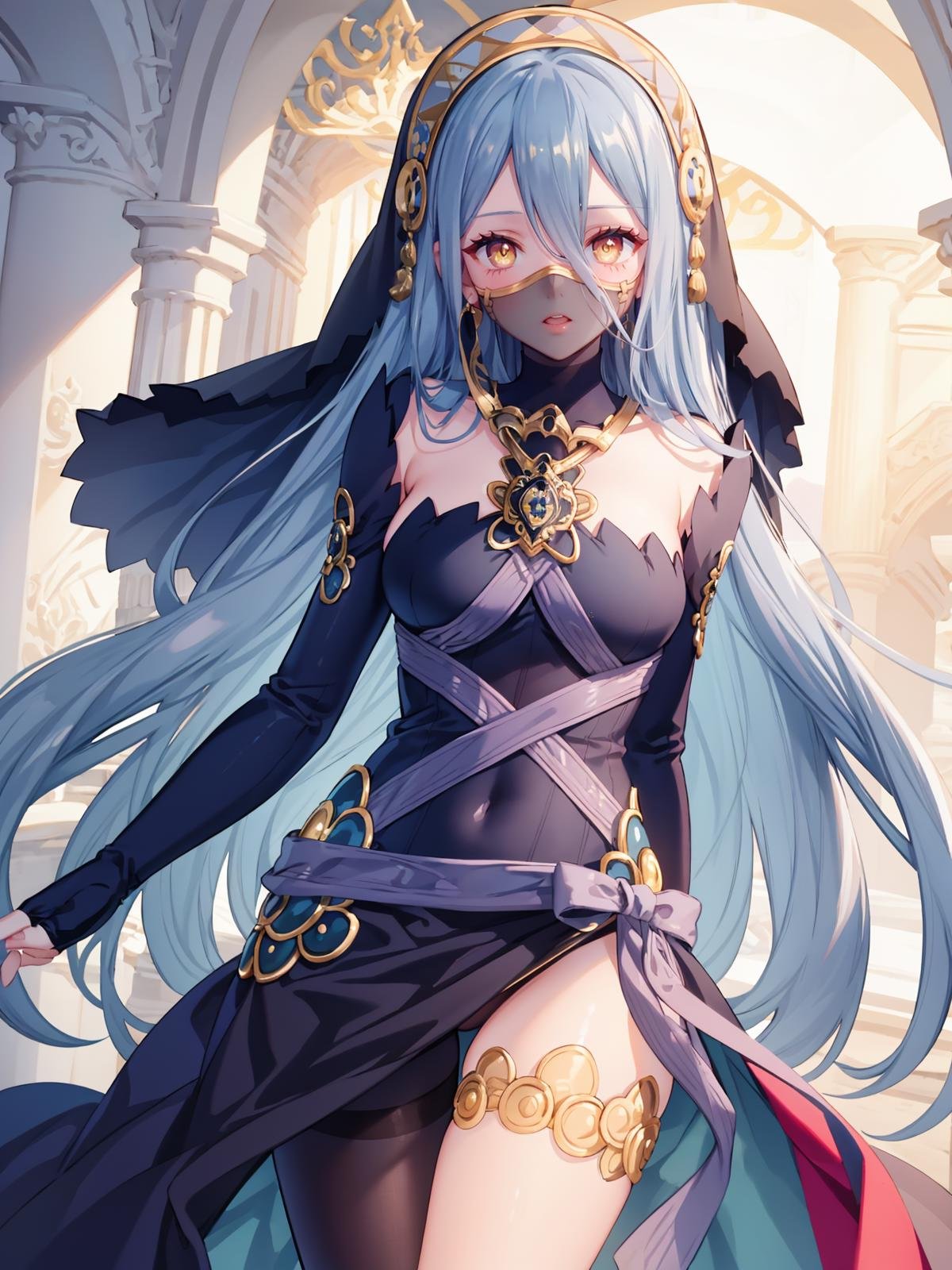 (extremely detailed CG, best quality:1.1), 1girl, perfect face, bright pupils, (finely detailed beautiful eyes:1.1), yellow eyes, wide hips, narrow waist, very long hair, hair between eyes, veil, elbow gloves, fingerless gloves, jewelry, dress, (mouth veil:1.2), barefoot, anklet, (single leg pantyhose:1.2), <lora:AzuraPerformingArtsSuit:0.6>