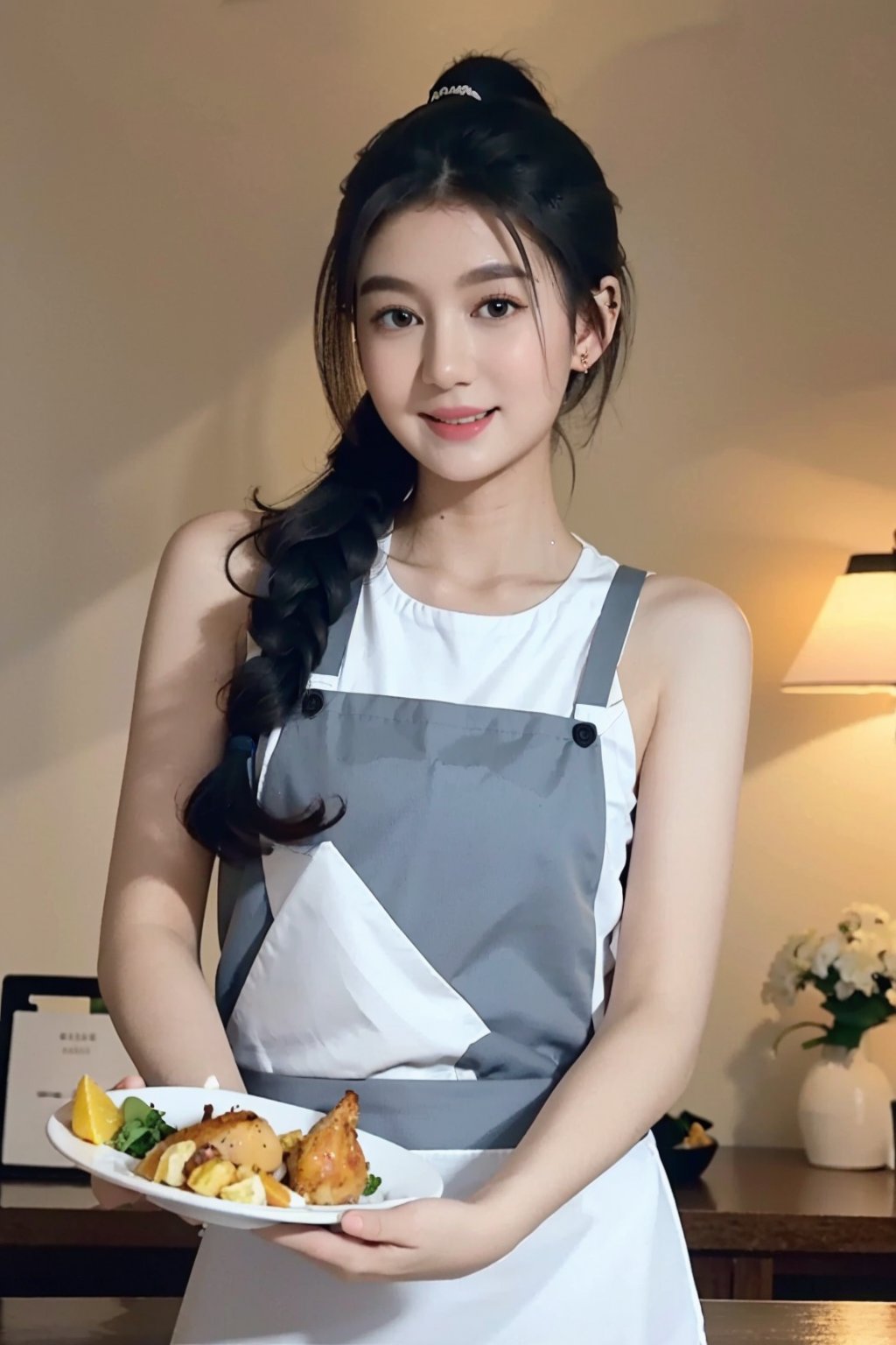 (One Person), (Masterpiece, Best Quality), (A Gorgeous 25 Years Old British Female Chef:1.4), (Holding a plate of a Whole Fried Turkey:1.4), (Ponytail Black Hair:1.6), (Pale Skin:1.4), (Cheerful Looking:1.4), (Detailed Shiny and Sweaty Skin:1.2), (Wearing White Chef Apron:1.4),(Dimly Lit Dining Room at Night:1.6), Centered, (Half Body Shot:1.4), From Front Shot, Insane Details, Intricate Face Detail, Intricate Hand Details, Cinematic Shot and Lighting, Realistic and Vibrant Colors, Masterpiece, Sharp Focus, Highly Detailed, Taken with DSLR camera, Depth of Field, Realistic Environment and Scene, Master Composition and Cinematography,High detailed ,zoe