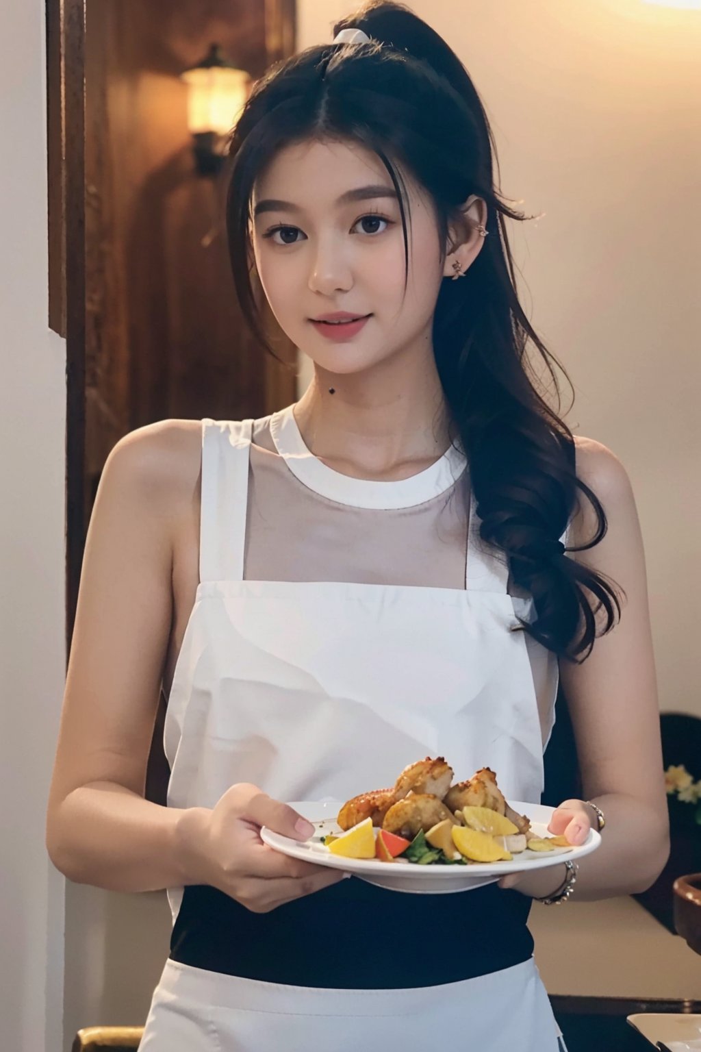 (One Person), (Masterpiece, Best Quality), (A Gorgeous 25 Years Old British Female Chef:1.4), (Holding a plate of a Whole Fried Turkey:1.4), (Ponytail Black Hair:1.6), (Pale Skin:1.4), (Cheerful Looking:1.4), (Detailed Shiny and Sweaty Skin:1.2), (Wearing White Chef Apron:1.4),(Dimly Lit Dining Room at Night:1.6), Centered, (Half Body Shot:1.4), From Front Shot, Insane Details, Intricate Face Detail, Intricate Hand Details, Cinematic Shot and Lighting, Realistic and Vibrant Colors, Masterpiece, Sharp Focus, Highly Detailed, Taken with DSLR camera, Depth of Field, Realistic Environment and Scene, Master Composition and Cinematography,High detailed ,zoe