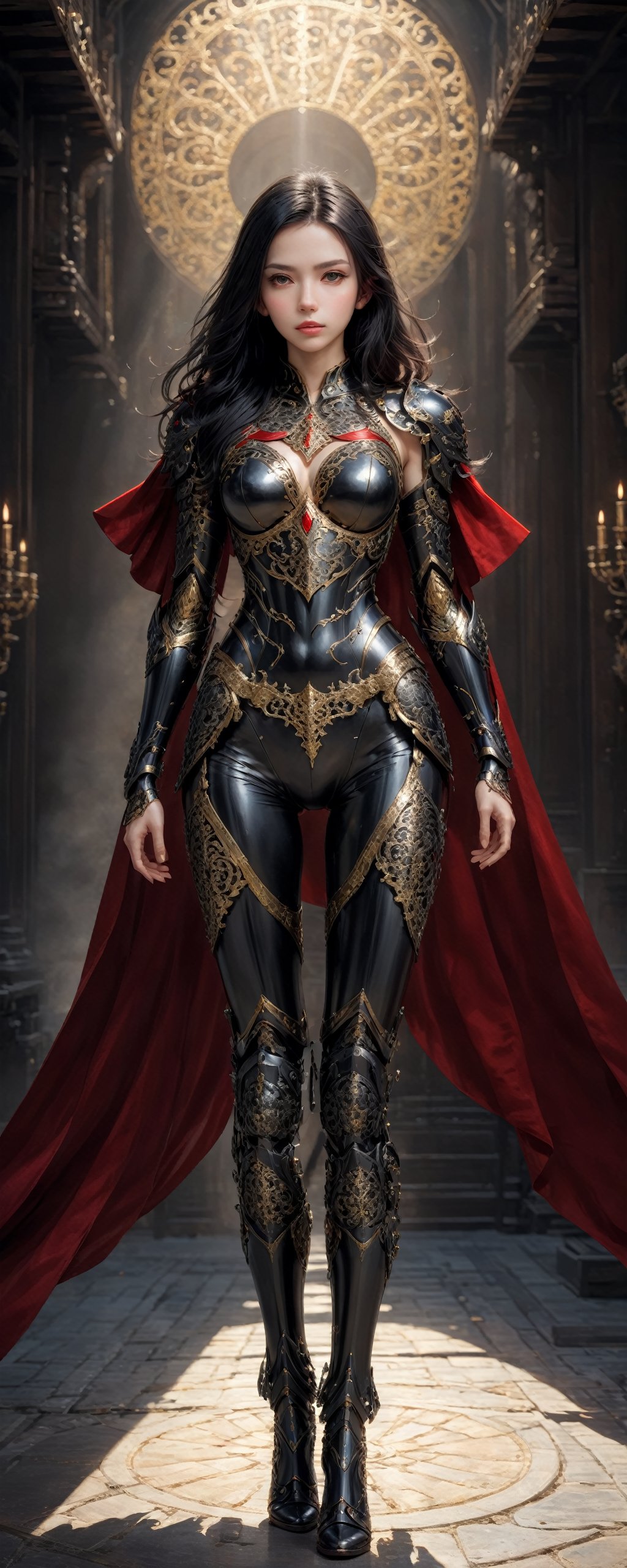 front_view, masterpiece, best quality, photorealistic, raw photo, (1girl, looking at viewer), black long hair, mechanical black armor, intricate armor, delicate gold filigree, black metalic parts, detailed part, red cape, standing pose, detailed background, dynamic lighting,Long Legs and Hot Body,Wonder of Beauty,Enhanced All