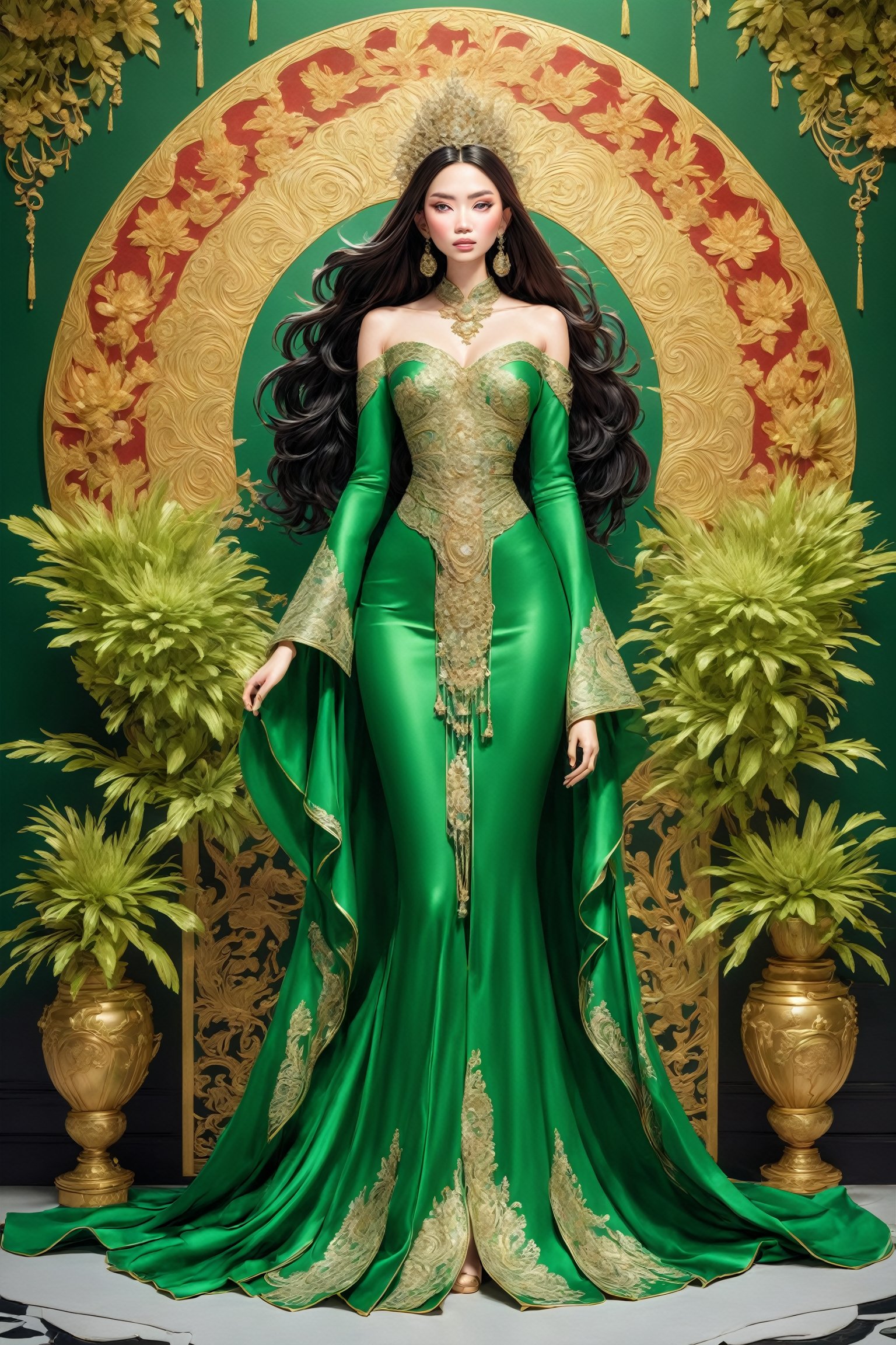 official art, unity 8k wallpaper, ultra detailed, beautiful and aesthetic, beautiful, masterpiece, best quality, (zentangle, mandala, tangle, entangle:0.4) The artwork features a fantasy chinese empress with the most sumptuous wedding vietfu dress made of (green silk:1.8) and richly embroidered with gold and silver threads, intricately carved golden badges and tassels, very large sleeves, golden jewels, along with an assortment of different floral patterns spread throughout. Finely intricated magic circles, (Intricately carved marble background:1.8). (woman, very long hair, full body shot, majestic pose ) ,horror,xxmixgirl,FilmGirl,Unique Masterpiece,Enhanced All