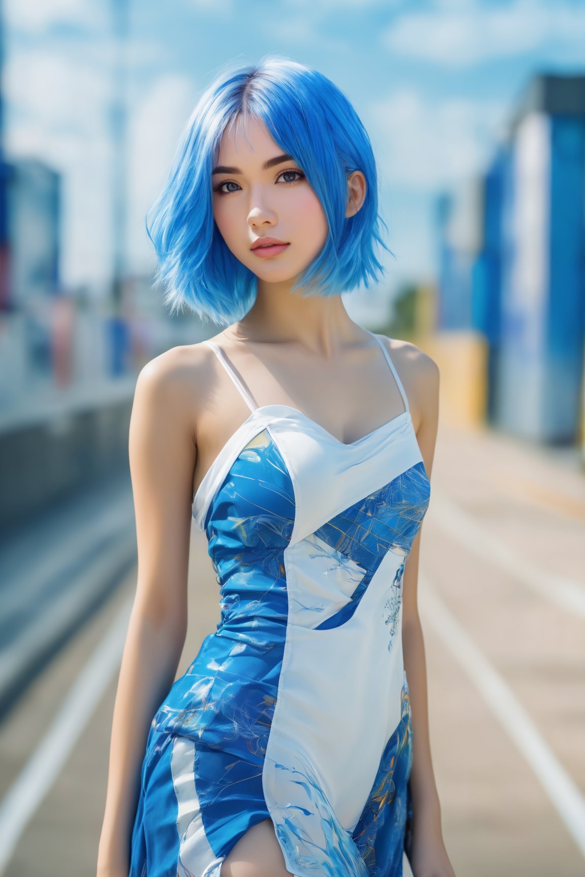 half body portrait of a European-hankook blue hair girl, 17 years old, by yoshitaka amano, attractive, stylish, designer, symmetrical, long drill hair, cyberpunk, abstract colors, nature, detailed background, see-thoughh summer dress, abstract background, sexy lingerie,Unique Masterpiece,Enhanced All,Wonder of Beauty