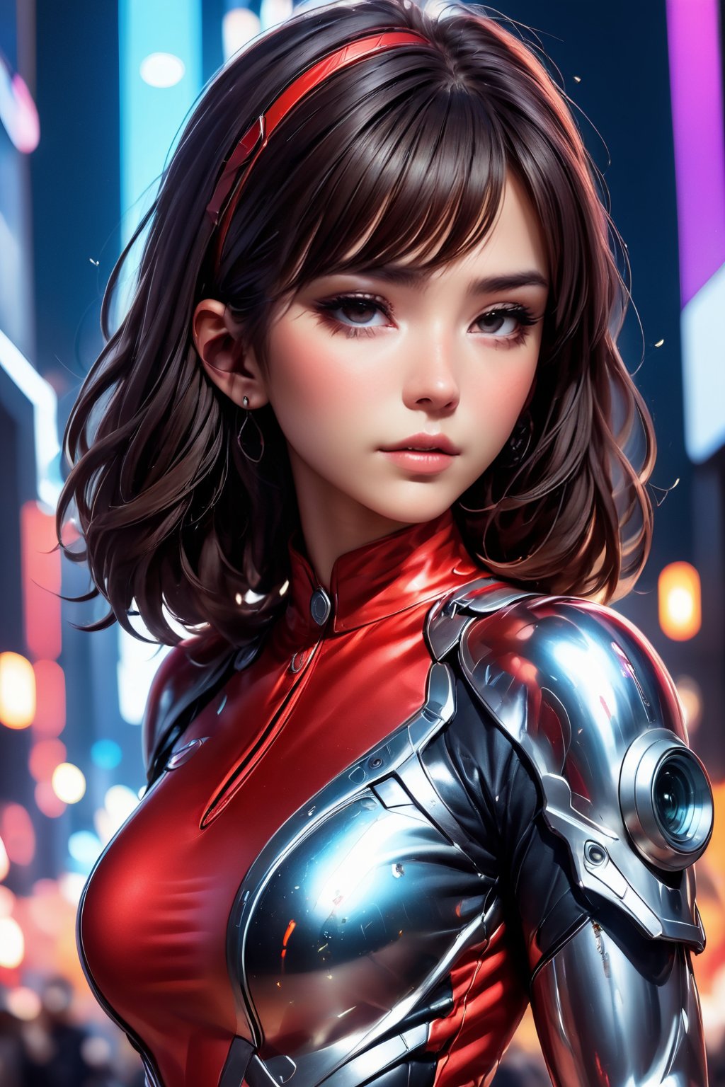 1 girl, fiery red jacket, tight suit,Space helm of the 1960s,and the anime series G Force of the 1980s,Ghost In The Shell style, Darf Punk wlop glossy skin, ultrarealistic sweet girl, space helm 60s, holographic, holographic texture, the style of wlop, space, stands on a pedestal,( with spaceships in the background)