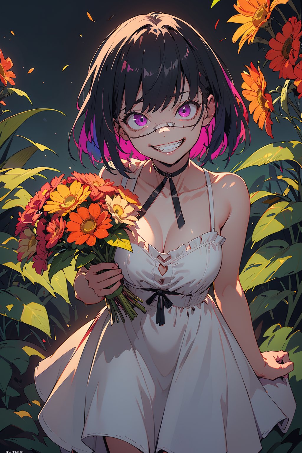 HUBG_STYLE_GRIN,

illustration, masterpiece, best quality, extremely detailed, wallpaper, 8k, mysterious, vivid color, shiny, best quality, intricate, good anatomy, beautiful lighting, 1girl, bright purple hair, wearing a sundress and holding a bouquet of wildflowers, cowboy shot, wide shot, volumetric lighting, detailed eyes,