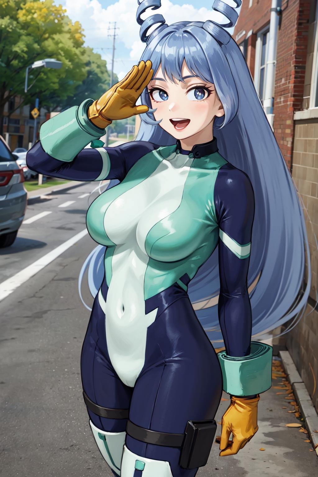 masterpiece,best quality,highres,ultra-detailed,aanejire,hair horns,drill hair,long hair,large breasts,superhero,bodysuit,blue bodysuit,skin tight,gloves,yellow gloves,covered navel,thigh strap,boots,<lora:hadou_nejire:0.9>,outdoors,standing,:d,salute,