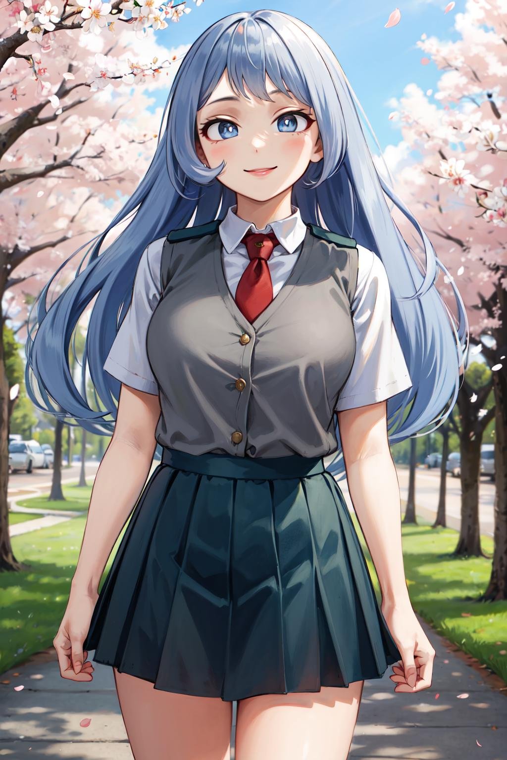 masterpiece,best quality,highres,ultra-detailed,bbnejire,blue eyes,blue hair,long hair,large breasts,u.a. school uniform,gray vest,red necktie,collared shirt,white shirt,short sleeves,green skirt,blue skirt,(black socks:1.2),loafers,<lora:hadou_nejire:0.8>,outdoors,cherry blossoms,standing,cowboy shot,smile,