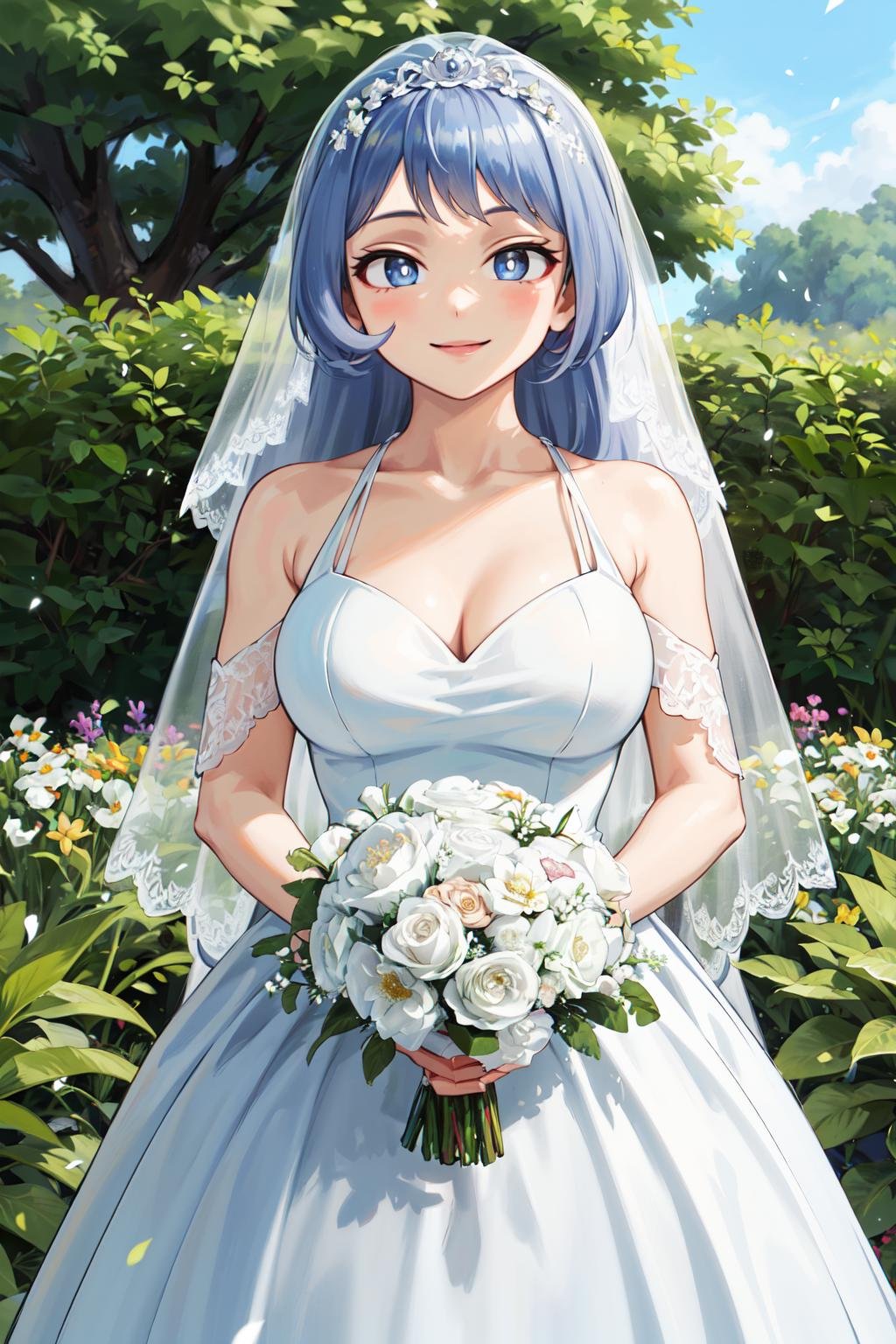 masterpiece,best quality,highres,ultra-detailed,bbnejire,blue eyes,blue hair,long hair,large breasts,<lora:hadou_nejire:0.8>,(wedding dress:1.2),white dress,(veil:1.2),garden,smile,outdoors,standing,cowboy shot,holding bouquet,