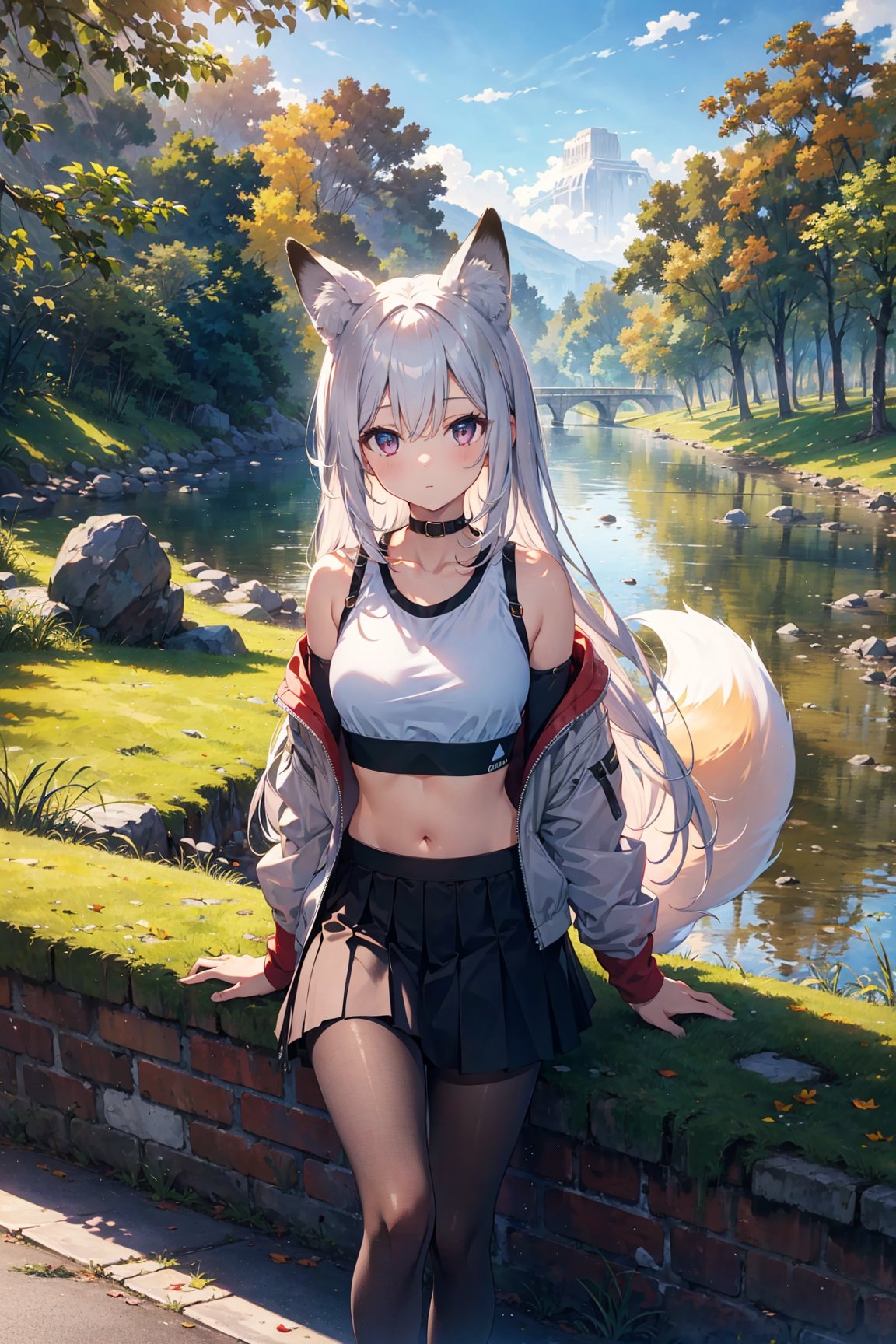 1girl, fox girl, long hair, black crop top arm sleeveless, white jacket, midriff, skirt, pantyhose, (masterpiece, best quality:1.2), HDR, highres, park scenery 