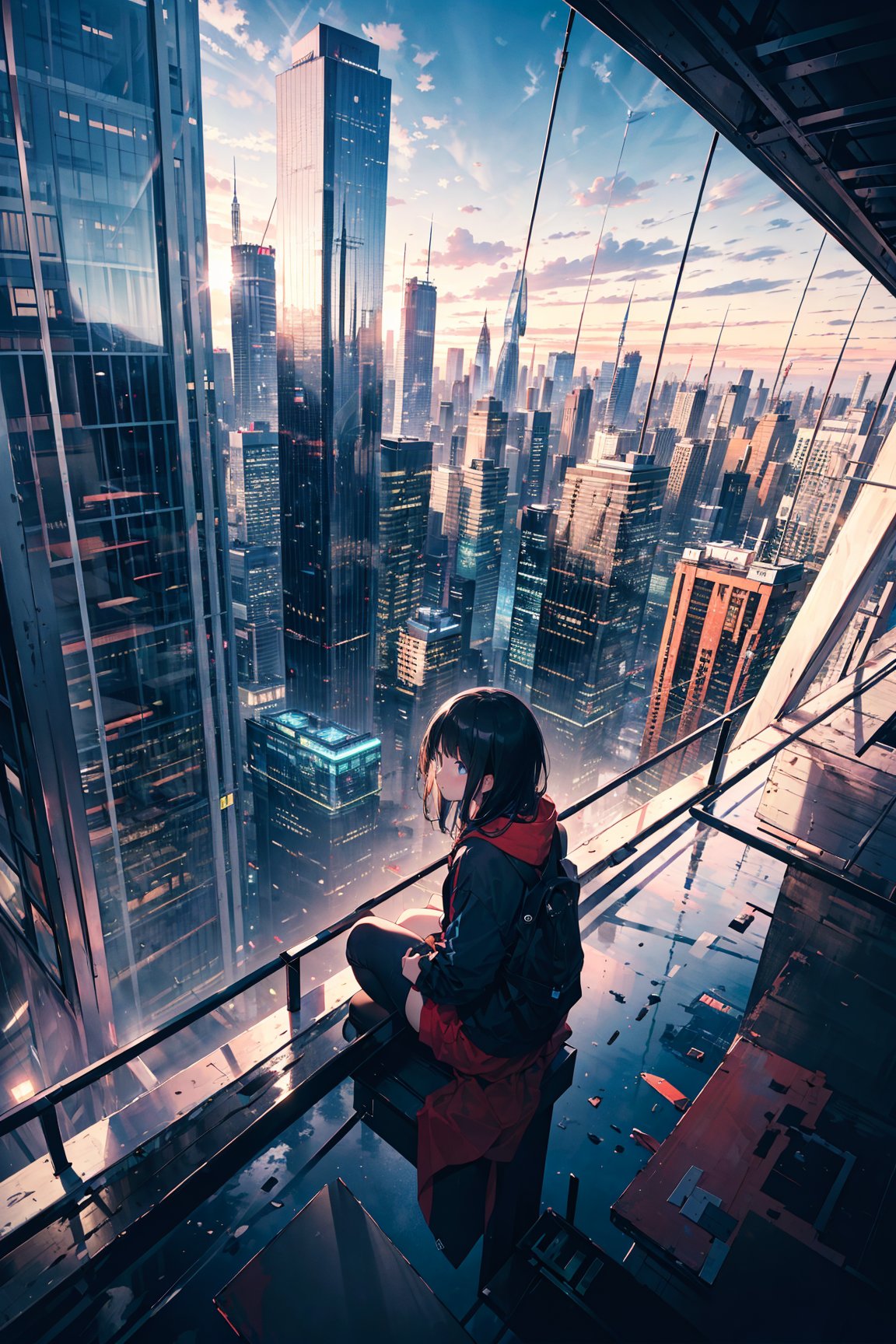 ((best quality, masterpiece, absurbres, super-resolution)) 1girl, sitting, Top of a building, sky scrapper, scenery, wide angle view, expensive