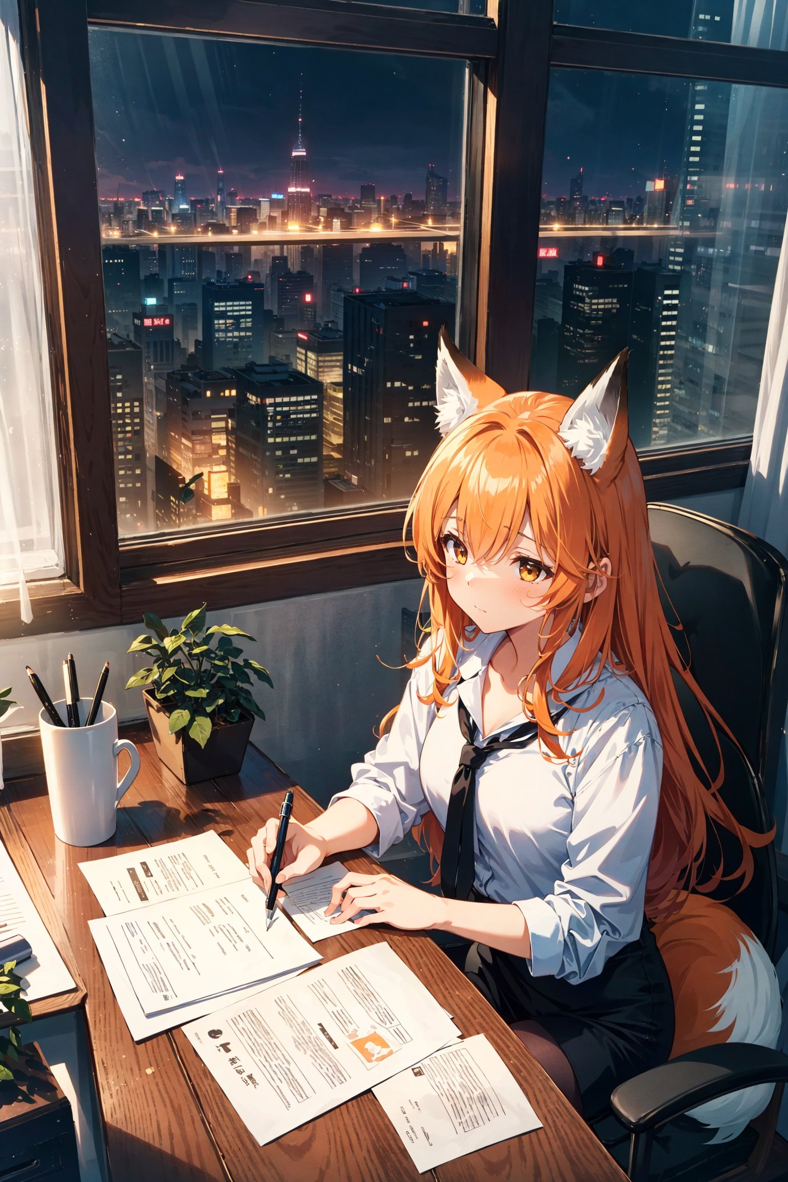 1girl,  fox girl,  orange hair,  white fox ears,  long hair,  fox tail,  office lady outfit,  pantyhose,  office scenery,  tired expression,  sitting on office chair,  office tables,  computer,  documents,  paperwork,  pen,  coffee cup,  staple,  messy,  intricate details,  city view,  HDR,  highres,  best quality,  masterpiece