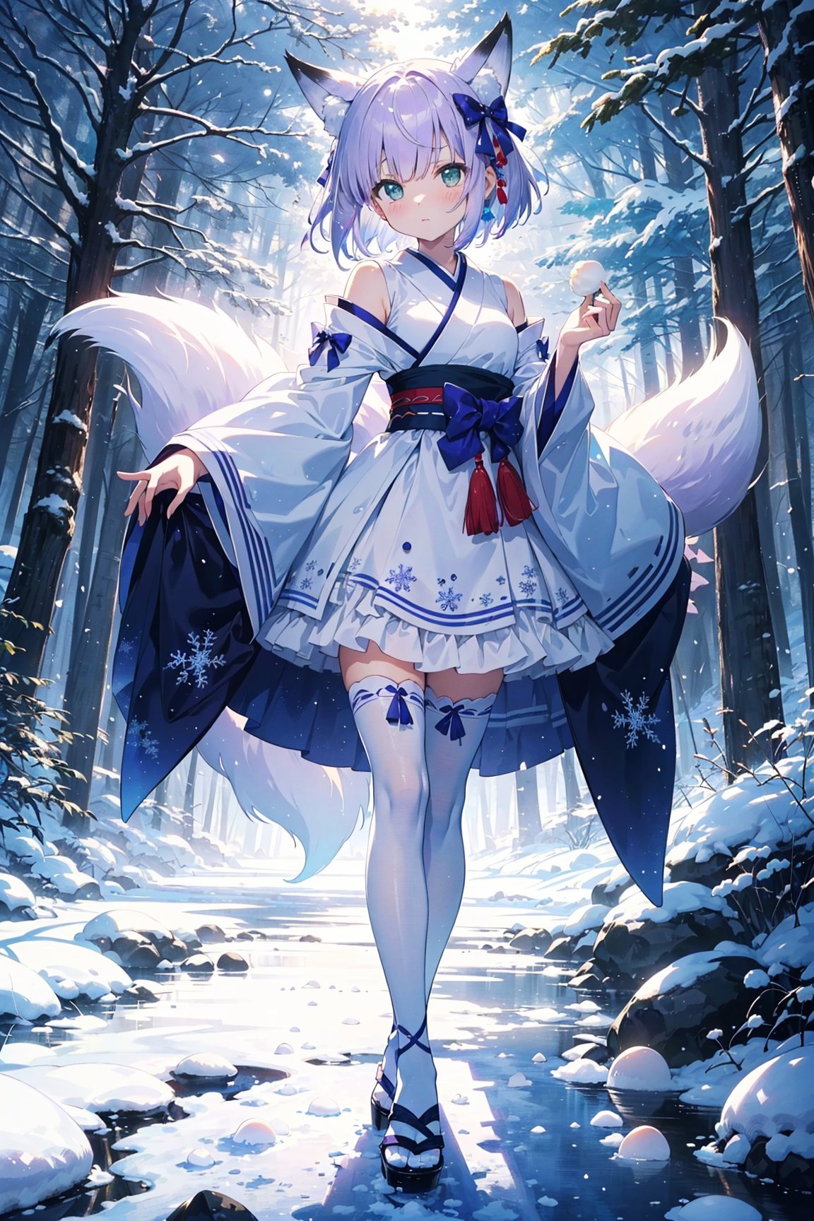 (masterpiece) ((pale purple hair, fox ears, fullbody with legs and shoes visible)) standing up, best quality, expressive eyes, perfect face, best quality, expressive eyes, (masterpiece) 1girl, fox girl, fox ears, (one) fox tail, short hair, shoulder length hair, pale purple hair, (bobcut) straight sidelocks, blushing, full face blushing, narrowed green eyes, stern and serious expression, cute pose, ((cute and elegant food-themed fashion)) white, green, pink, and brown dress, (multicoloured pastel dress) multilayered ruffled dress, frilly dress, ((mochi rice cakes embellished onto dress)) white traditional sash, trailing Japanese sleeves, white and light purple striped rice stockings, bows, white bows, small hair bows, ((snowflake hairpin)) ((circular mochi rice cakes : food theme, frozen rice desserts)) white mochi rice mary jane shoes, ((hyperdetailed delicious mochi clothing and fashion)) looking at you, vintage girl, blushing, (beautiful detailed eyes), (extremely detailed CG unity 8k wallpaper),(best shadow), ((an extremely delicate and beautiful)), (detailed light), ((depth of field)) big head, big sparkling eyes, moe, splash art, cinematic lighting, frontal view, volumetric lighting maximalist photo illustration 64k resolution high res intricately detailed complex key visual precise lineart ((in the enchanted snowy forest background, under the cold moonlight and ombre cold night sky, in front of beautiful crops of rice, Japanese zen shrines and frozen white trees, deep in the wilderness, surrounded by sparkling snow drifts and floating rice and mochi cake)) ((hyperdetailed background, shrouded in warm winter light and endless white fields of rice))