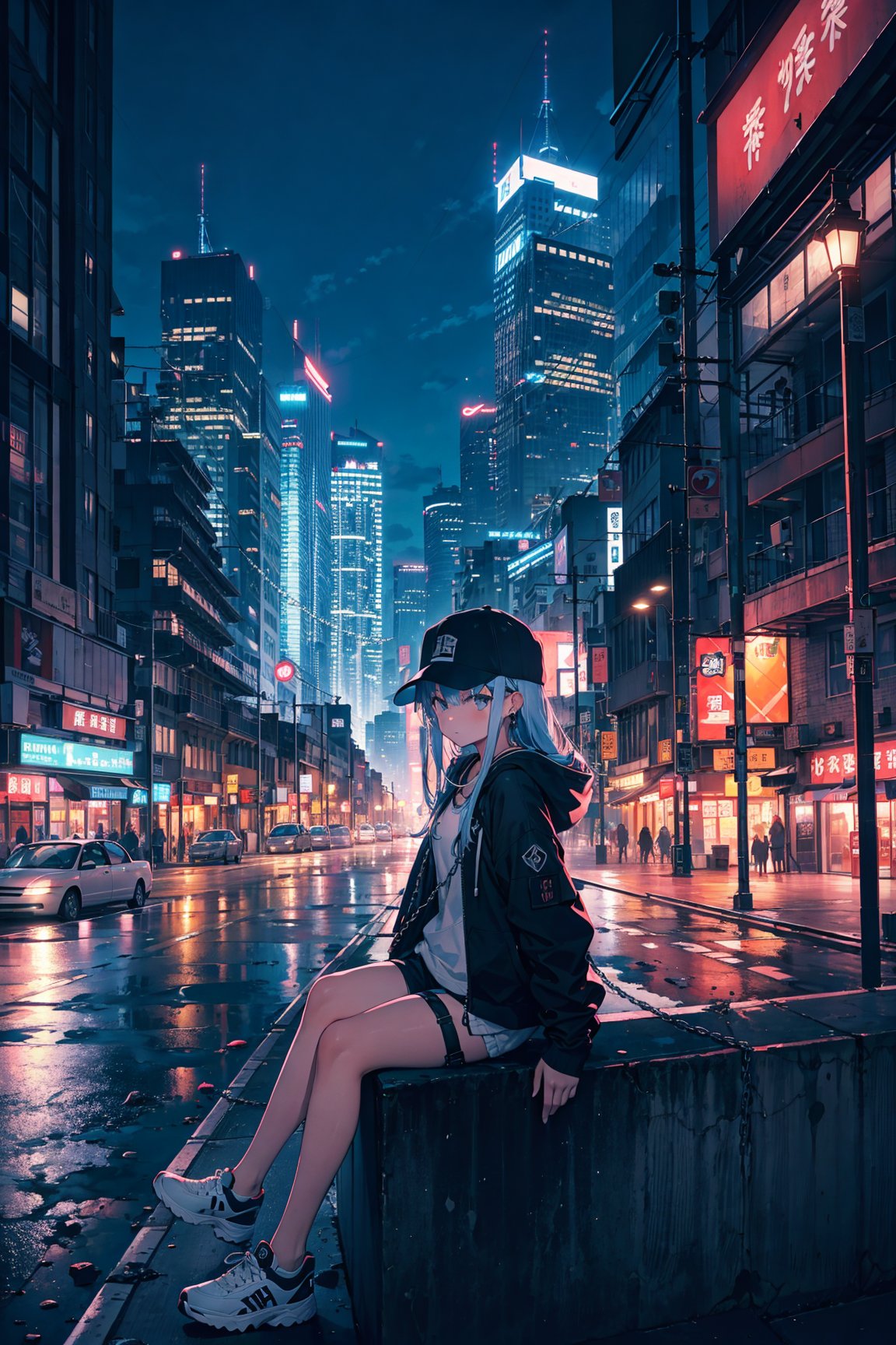 skyscraper, building, city, cityscape, hat, earrings, baseball_cap, 1girl, long_hair, jacket, chain-link_fence, hood, bridge, solo, architecture, shoes, sitting, city_lights, east_asian_architecture, looking_at_viewer, , neonpunkai