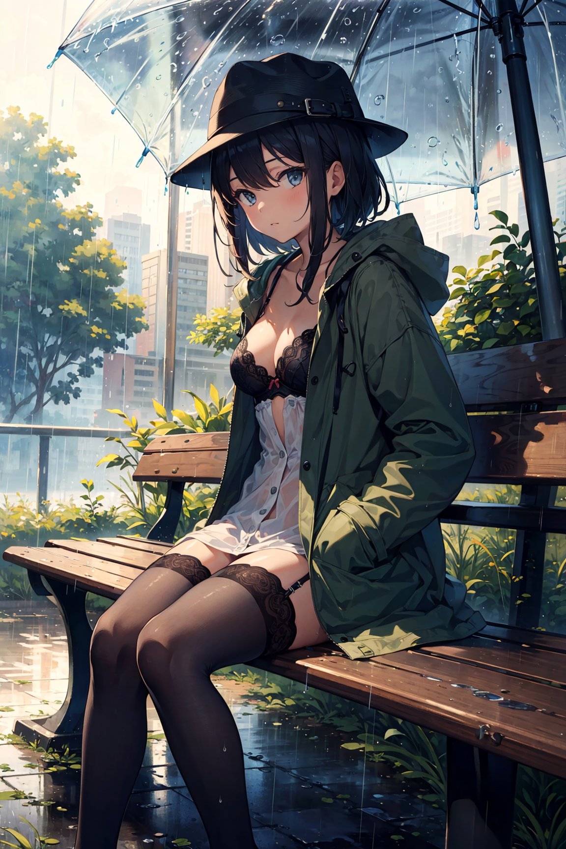 (((masterpiece))), ((best quality)), detailed, solo, (1girl),lingerie, stockings,(rain),raincoat,hat,sitting on the bench,hands in pockets