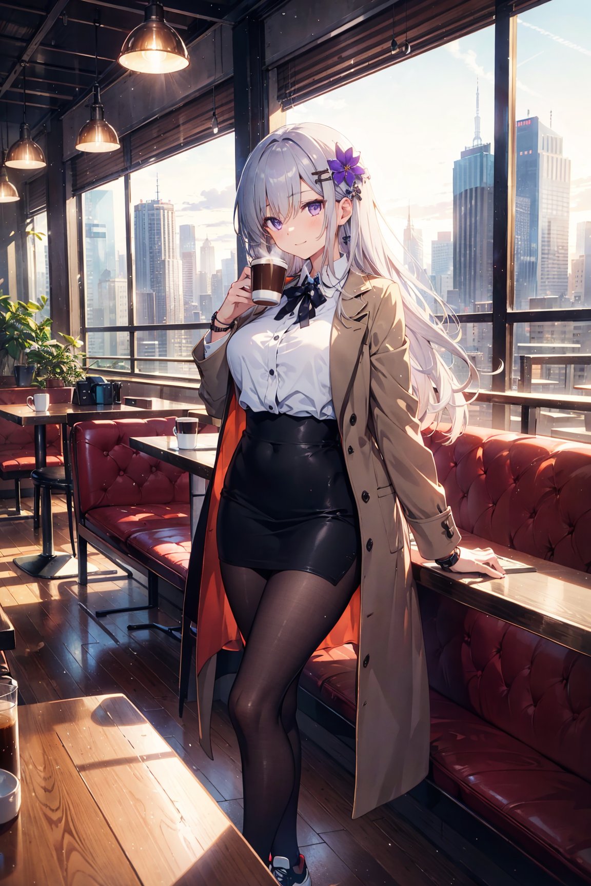 1girl, solo focus, tall female, grey hair, very long hair, purple eyes, large breasts, wide hips, sharp face, jewel-like eyes, serious, tired, wearing long grey coat, black blazer, black legwear, stylish sneakers, accessories, smartwatch, flower hair ornament, cute smile, sitting, cafe, coffee shop ambience, coffee shop aesthetic, snow on window, dawn, window view, massive cityscape, beautiful view, dim-lit ambience, holding coffee, {correct posing}, {detailed clothing}, {detailed body}, {correct body anatomy}, {extremely beautiful and delicate anime face and eyes}, {minute details}, {intricate details}, {delicate}, (masterpiece), (best quality), (wallpaper), (8k hd),