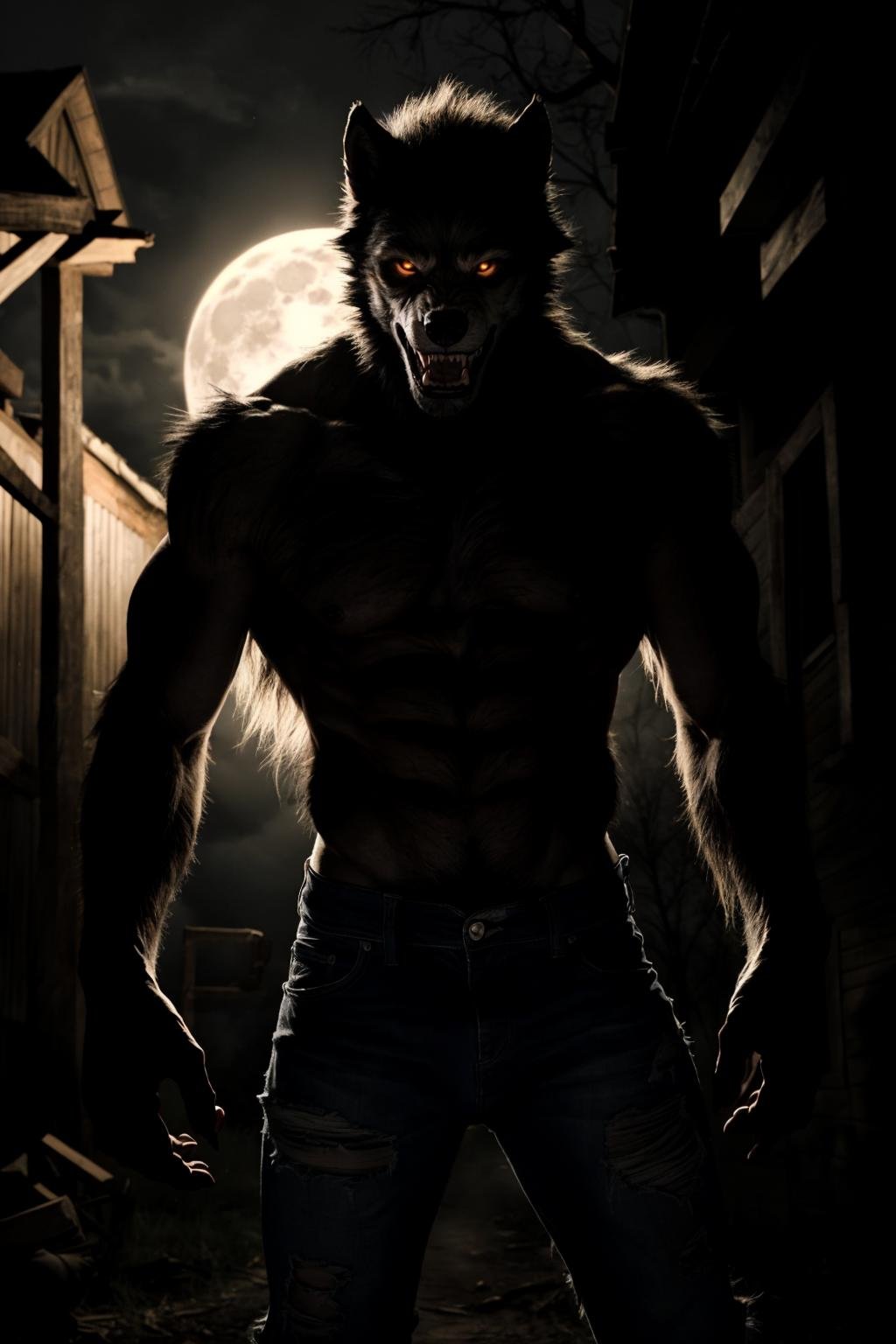 still from a horror movie of, a werewolf, dramatic light, torn clothing, full moon,