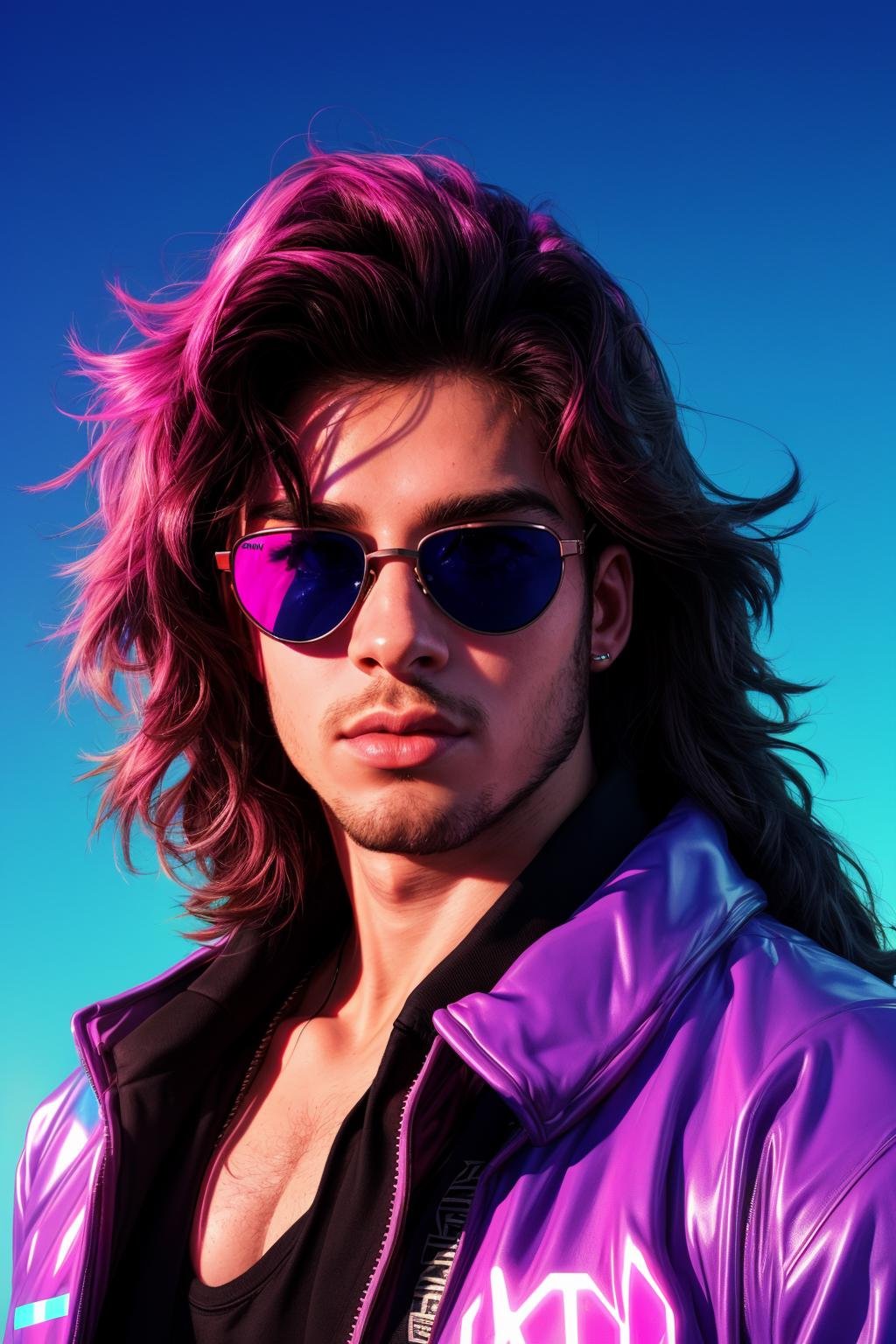 vaporwave album cover featuring, a 30yo male, messy long hair, reflective sunglasses, vivid colours, cinematic lighting, thick lips, futuristic jacket, skin texture, dynamic angle,