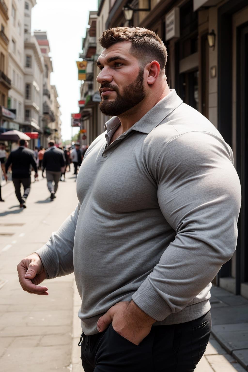 candid photograph of, a (beefy) 30yo romanian strongman, sharp focus, beard, thick lips, brutish, (big belly:0.4), natural light, (walking down city street, side view, (looking at viewer), romantic), dress shirt, grey pullover, pants,