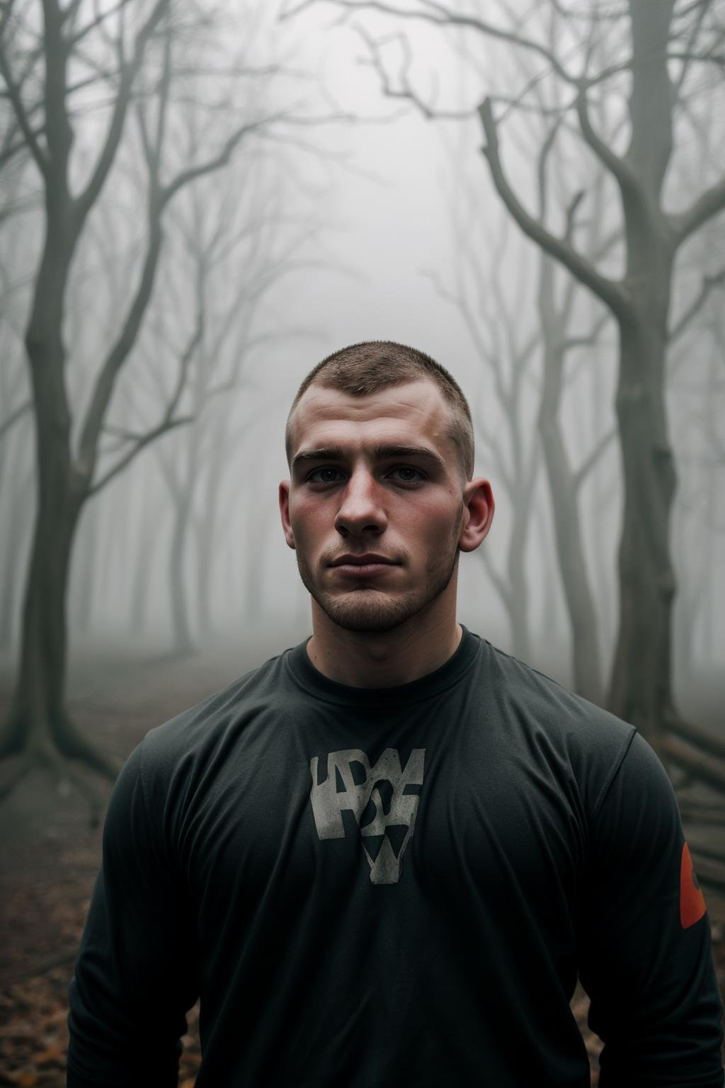 hasselblad photograph of, a 25yo english skinhead, sharp focus, dreary surroundings, fog,