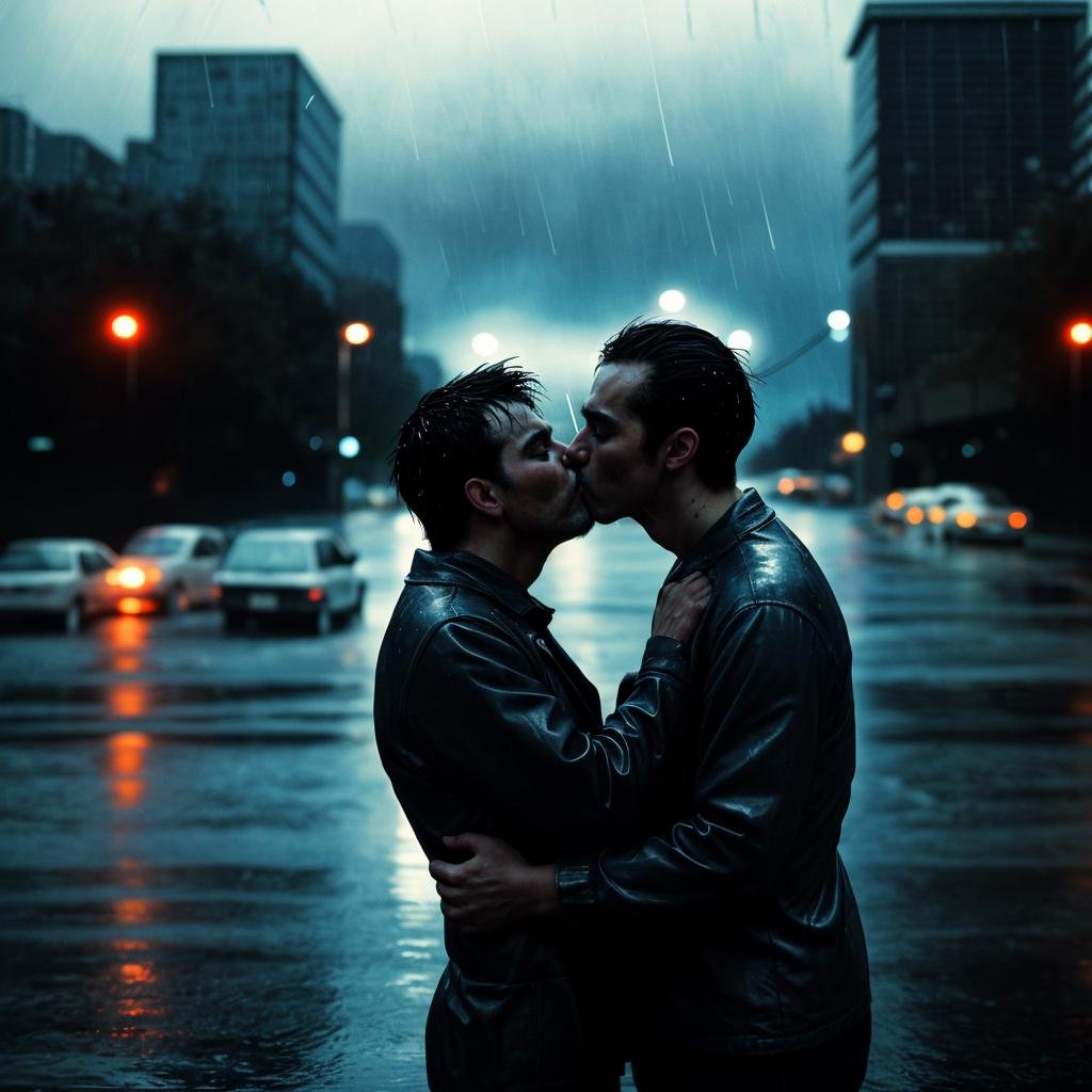 gritty analog photograph of, two men kissing, rain, blue hour,