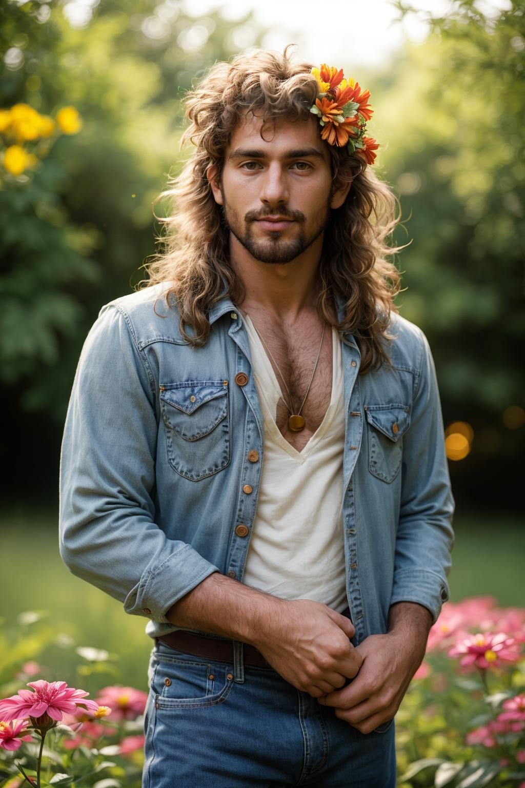 hasselblad photograph of, a 30yo male hippie, 1960s, natural light, skin texture, summer, hair flower, jeans, bokeh, sharp focus,