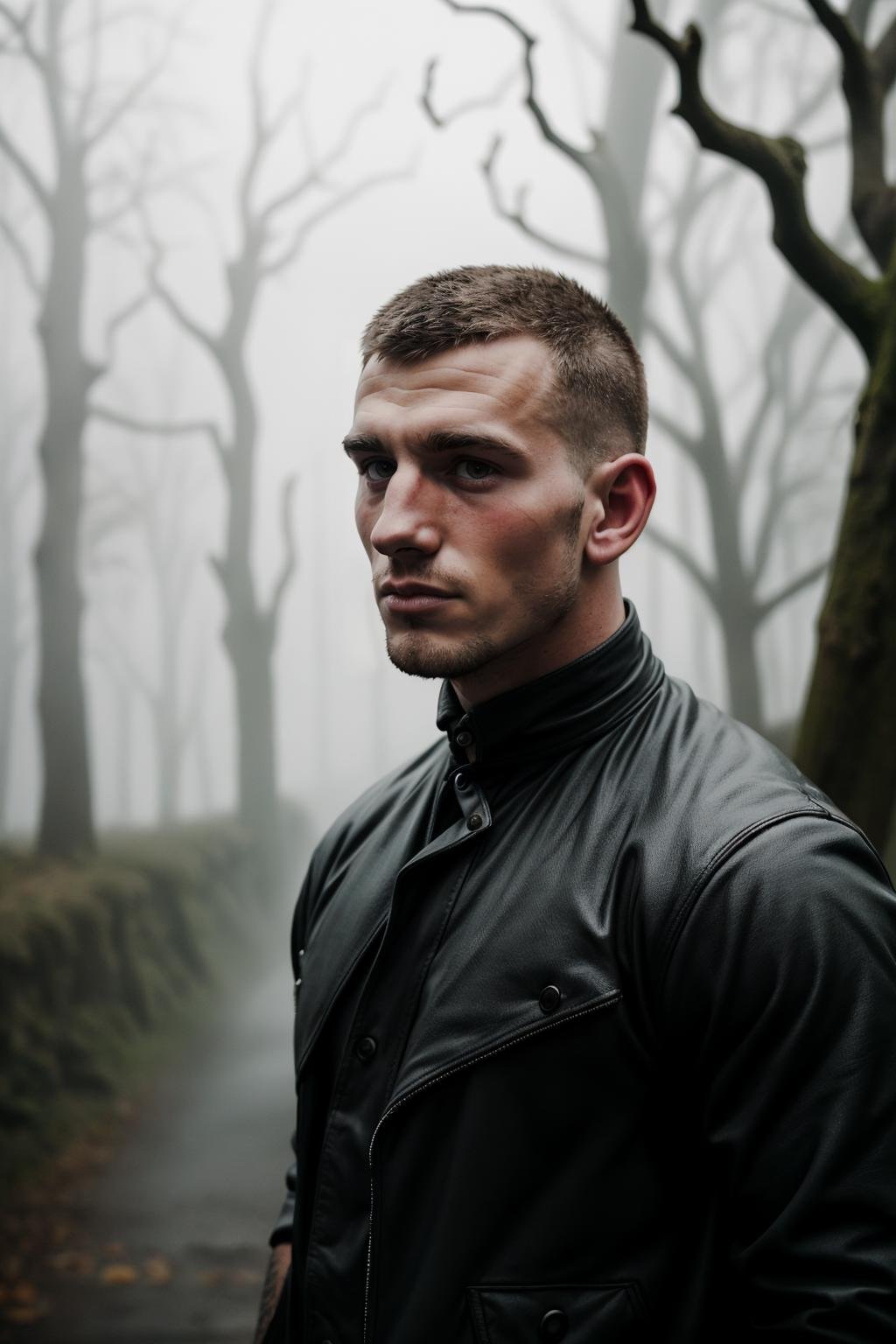 hasselblad photograph of, a 25yo english skinhead, sharp focus, dreary surroundings, fog,
