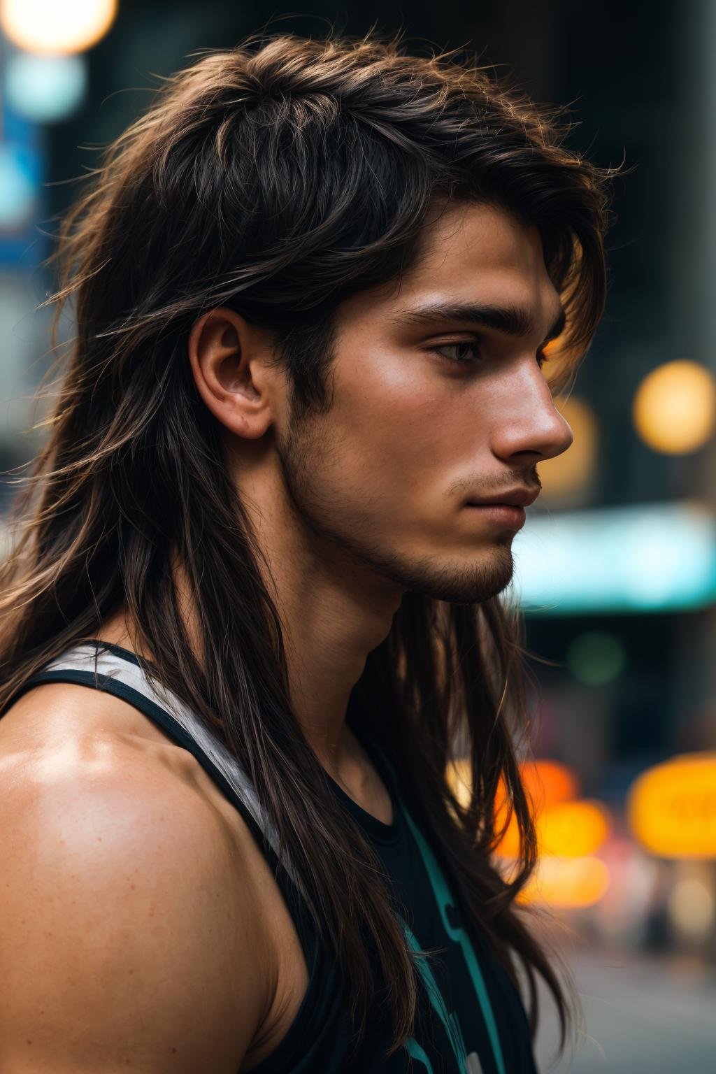 (solo, male), street photograph of, a 25yo slim english male, (close-up portrait), skin texture, natural light, bokeh, neon, (side view:0.6), long hair,