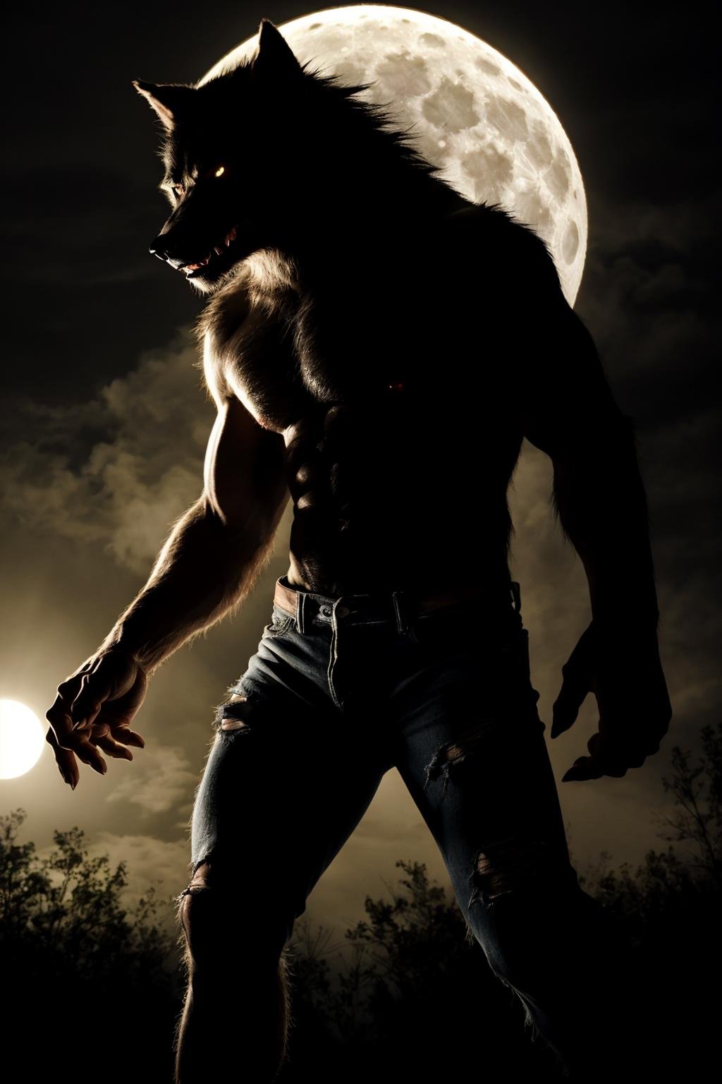 still from a horror movie of, a werewolf, dramatic light, torn clothing, full moon,