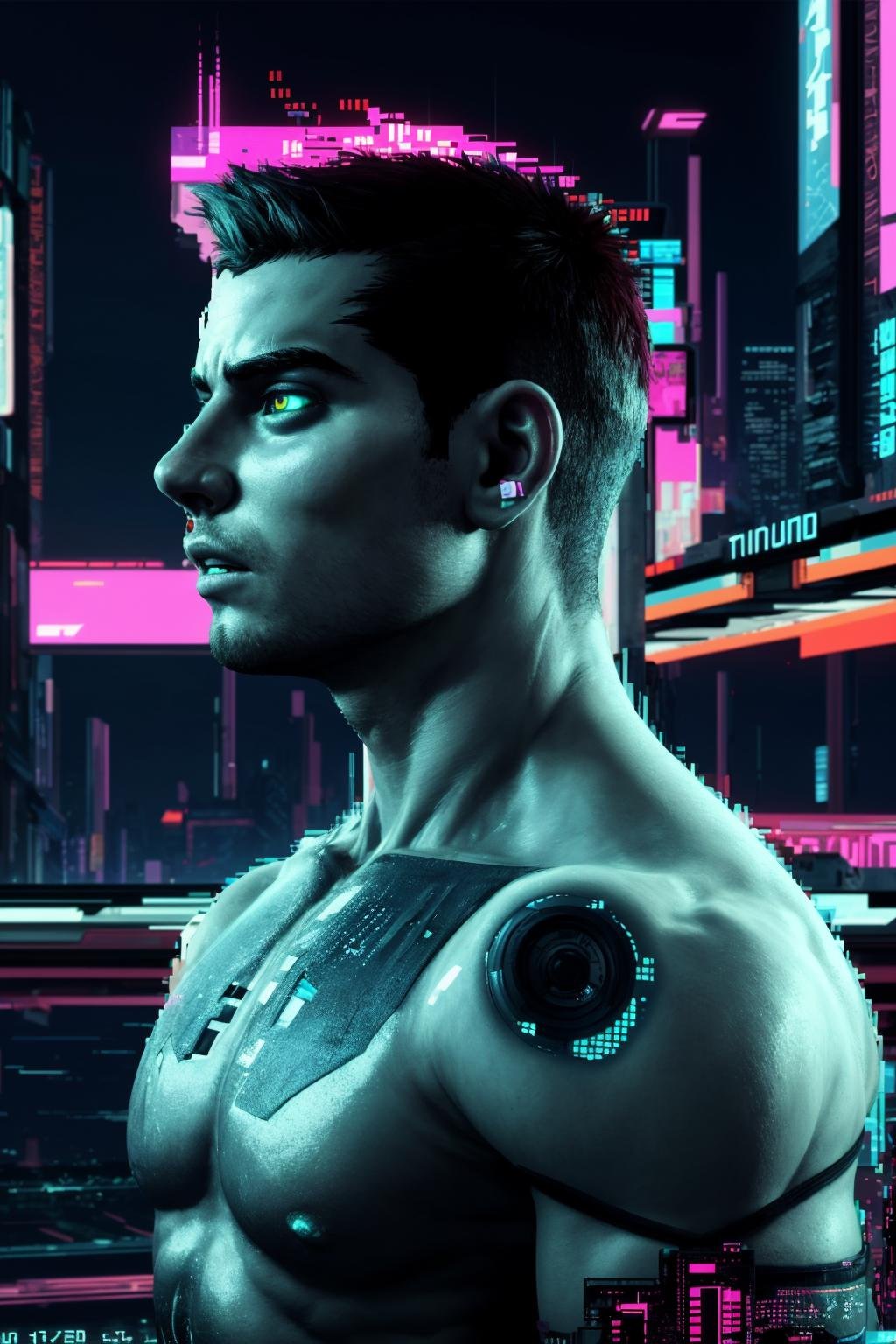 an athletic male, in a (glitched digital city), vivid colours, dramatic lighting, handsome, looking to the side, floating pixels, cyberpunk, line weight, glitch art, (close-up on face:0.5),