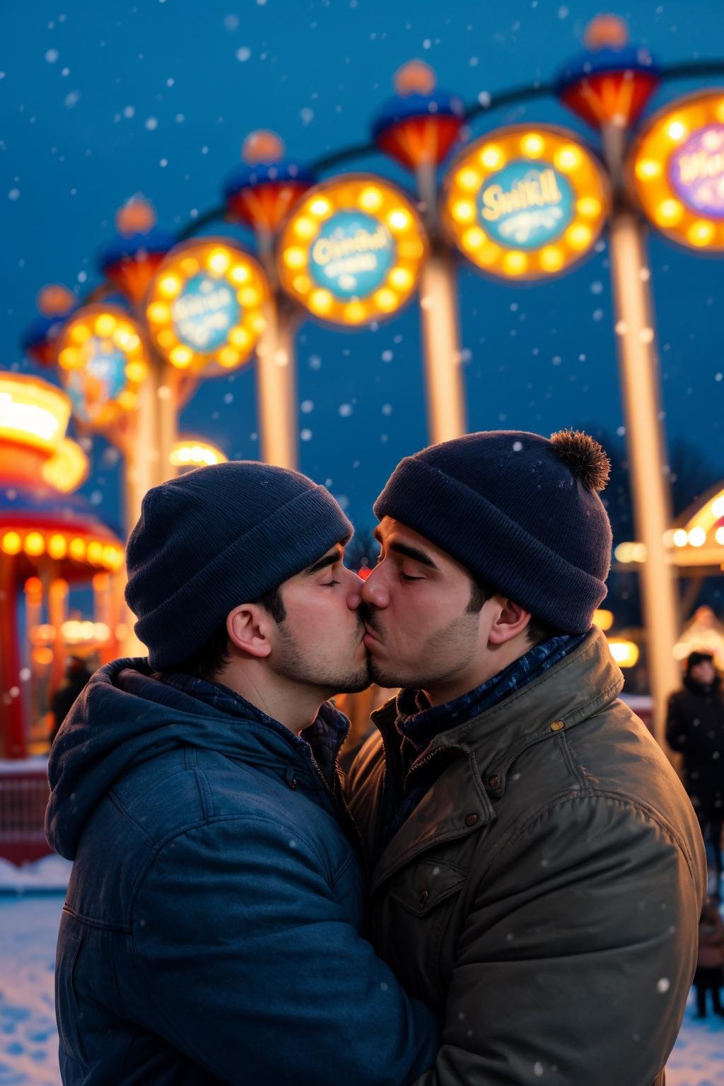 photograph of, two males kissing, outdoors, blue hour, (close-up:0.2), at an amusement park, bokeh, sharp focus, winter,