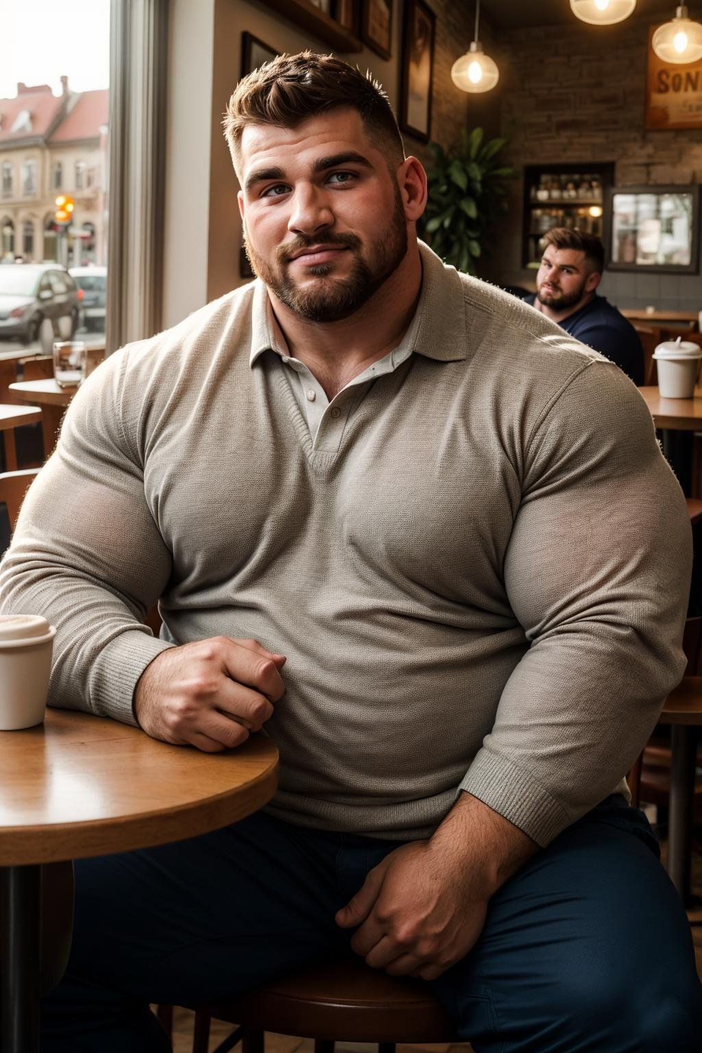 candid photograph of, a (beefy) 30yo romanian strongman, sharp focus, beard, thick lips, brutish, (big belly:0.4), natural light, (sitting in a cozy cafe, across from viewer, (looking at viewer), romantic), dress shirt, pullover, pants,