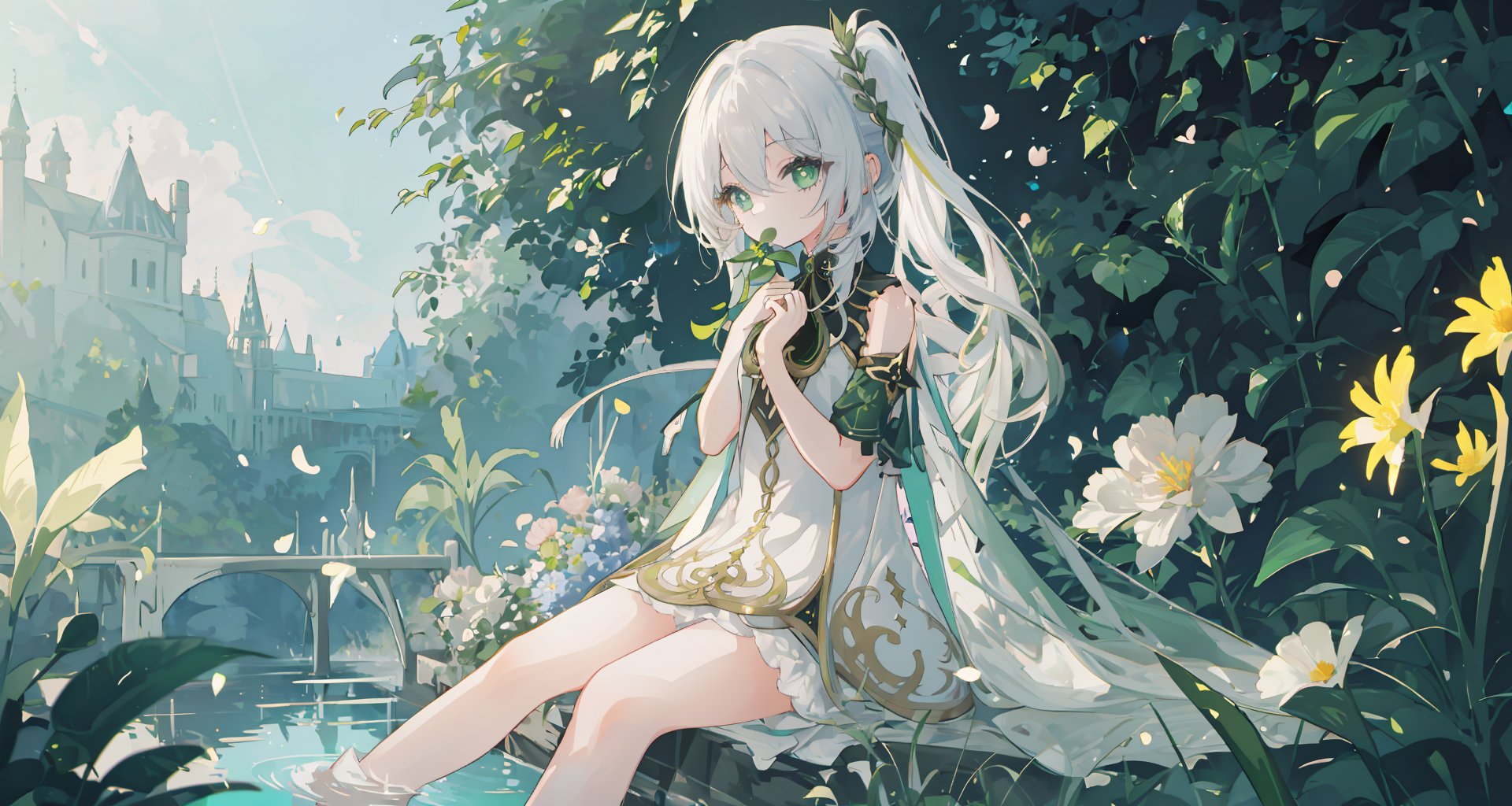  (masterpiece, best quality),1girl with long white hair sitting in a field of green plants and flowers, her hand under her chin, warm lighting, white dress, blurry foreground,midjourney, nahida, backlight,