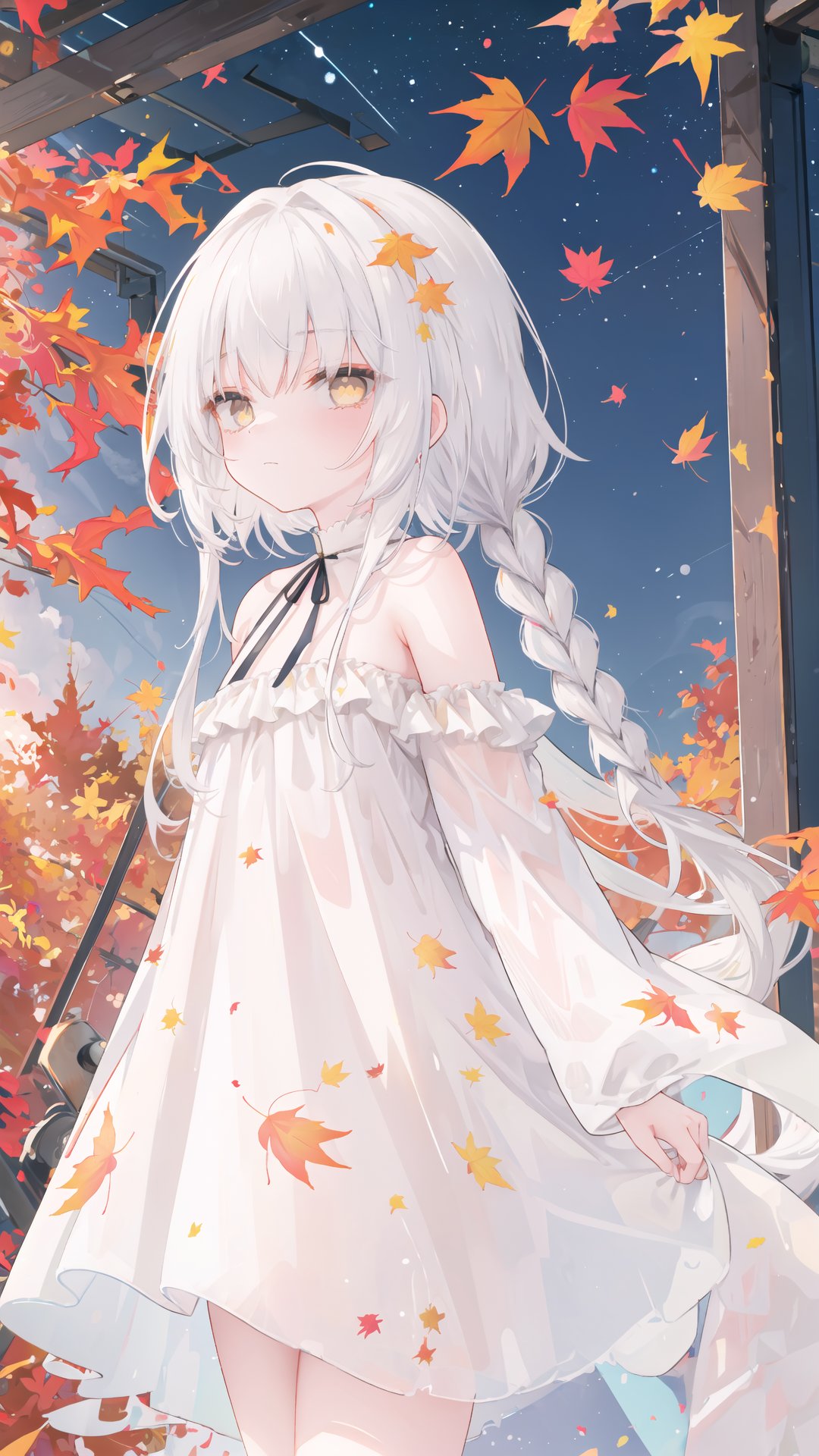  wallpaper,colorful,Tyndall effect,(autumn maple forest:1.3),(very few fallen leaves),(path),stars,flower sea,starry sky,flowers meadows,Dreamy forest,strong rim light, 1girl, bare shoulders, white hair, blinking, white dress, closed mouth, constel lation, yellow eyes, flat color, braid, blinking, white robe, float, closed mouth, constel lation, flat color, looking up, standing, medium hair, standing, solo, , 4349
