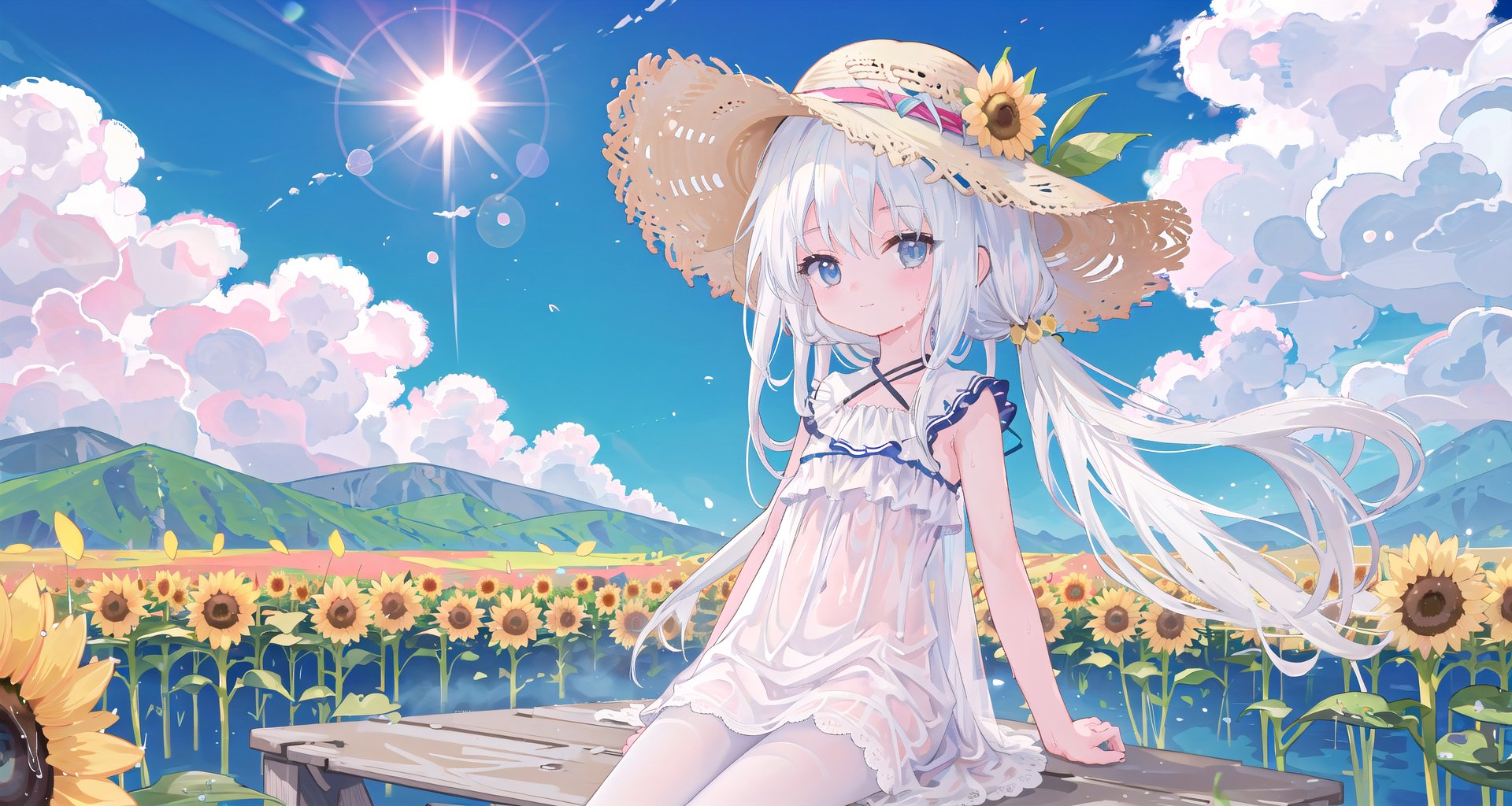  cowboy shot,summer,straw hat, sunlight, lens flare, blue sky, cloud,nature, sunflower, flower field,Hanama wine,white pantyhose,
((loli,little girl)),white hair,long hair,floating hair,blush,sweat,wet white dress,bare legs, happy,smelling flower, smile,sitting, backlight