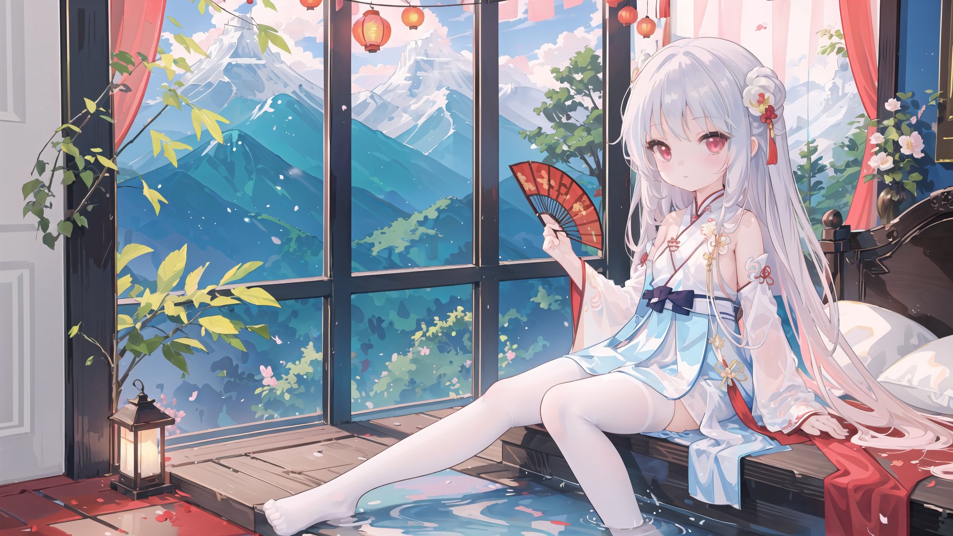  masterpiece, best quality, illustration, single,1girl,beautiful detailed eyes, beautiful ,shorts, cinematic lighting,(loli,child,little girl:1.4),full body,
((1girl)),yunduan,hanfu,solo,lying on bed,bed in garden,(half naked),holding,round fan,paper fan,thin hanfu,smoky,((red curtain)),red lantern,(bamboo),tile roof,naked hanfu,off shoulders,dudou,legs,gongbi style,water color,(trees, artificial mountain,flowers, green leaves),wooden windows,doors,bed,stone,trandional architecture,wall,long hair,looking at eachother,full body,breasts,lips,bangs,nose,closed mouth,medium breasts,distinct,idol,soft smile,white pantyhose, panties under pantyhose