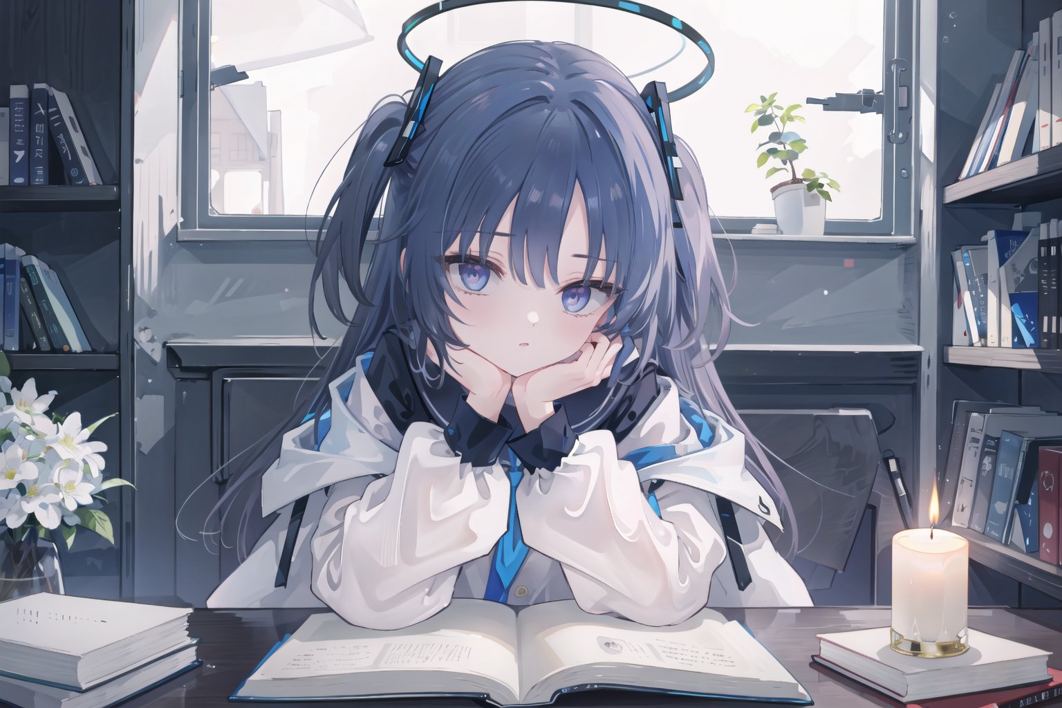  extremely detailed CG unity 8k wallpaper, masterpiece, best quality, ultra-detailed, an extremely delicate and beautiful, night, dark, dim candlelight, candle, messy study room, many books, grimoire, book stock, magic girl, sleepy, head rest, black robe, vase, finely detail,
1girl,bangs,black hair,blue eyes,blue hairband,brown cardigan,halo,white serafuku,white skirt, yuukadef