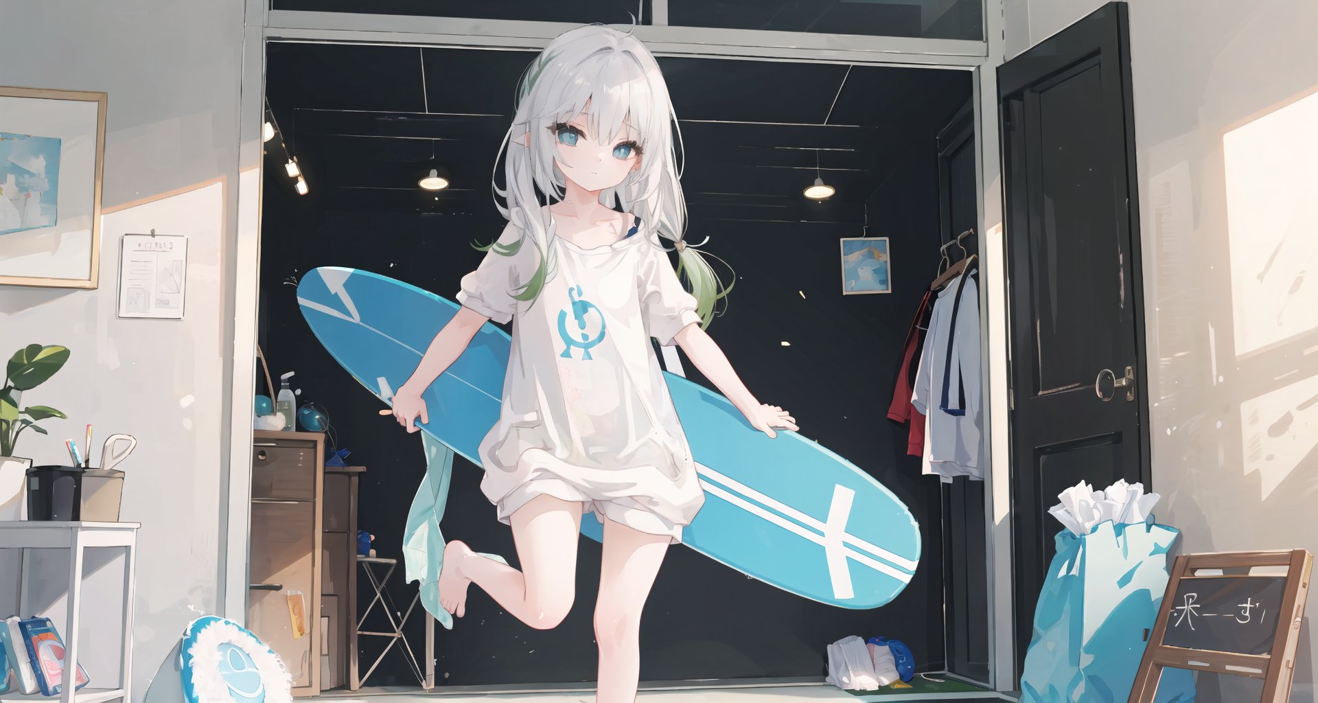  ((((straight-on)))),1girl,solo,Bare thigh,Long hair,Standing on one leg,extremely detailed CG unity 8k wallpaper,illustration,lens 135mm,masterpiece, best quality,young girl,naughty face,(baggy clothes:1.2),
rug,clothes hanger,surfboard,tissue box,soda can,trash can,holding bag,shopping bag,mirror,stuffed animal,towel,bottle,closet,dressing room,
hanakoba,oversized_shirt,bra_strap,bottomless,no panties,