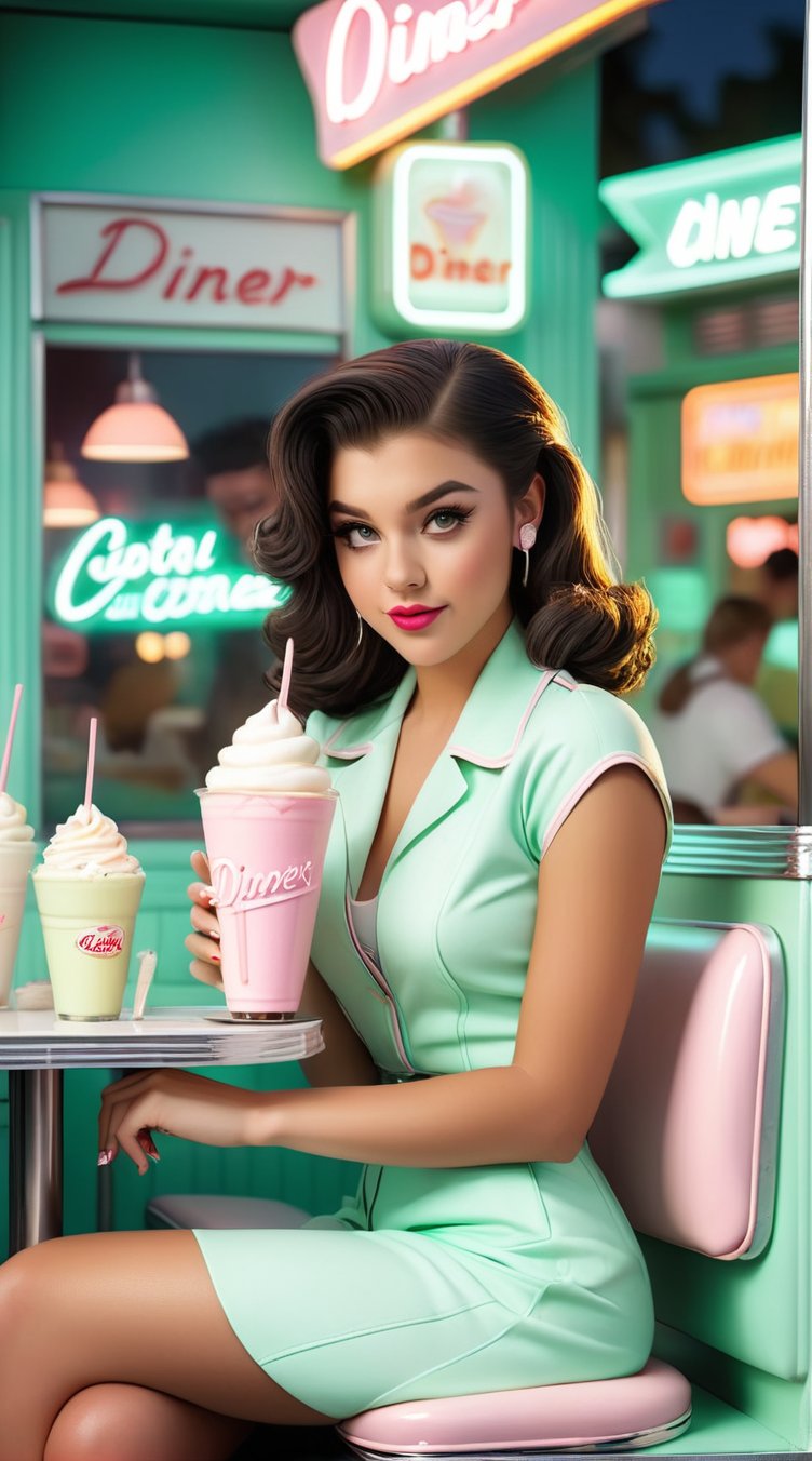 a hyper-realistic depiction of a girl in an urban setting, sitting at a pastel green retro diner booth, with light pastel neon signs glowing in the background, sipping a milkshake with pastel-colored accents in her outfit and accessories