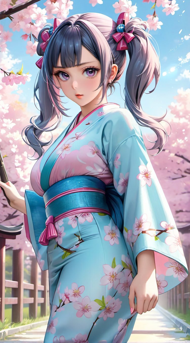 a realistic anime sexy wman with delicate features, pastel pink twin-tails and sparkling oversized eyes, medium breast, dressed in a soft pastel blue and pink kimono, walking gracefully among cherry blossoms, petals swirling around in a gentle breeze 