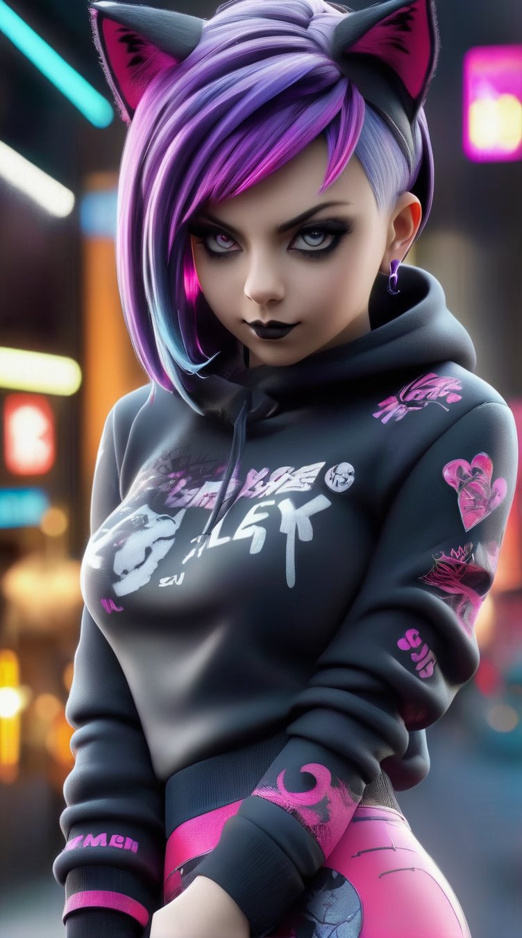 clay 3D model of sexy woman, cat ear hoodie, irisidecent, dark colors, emo girl, goth girl, short hair, super deformation, intricate detail, 3D render, octane render, 8k, full body, vibrant color, purples, pinks, blacks, --niji 5 --style expressive --s 400