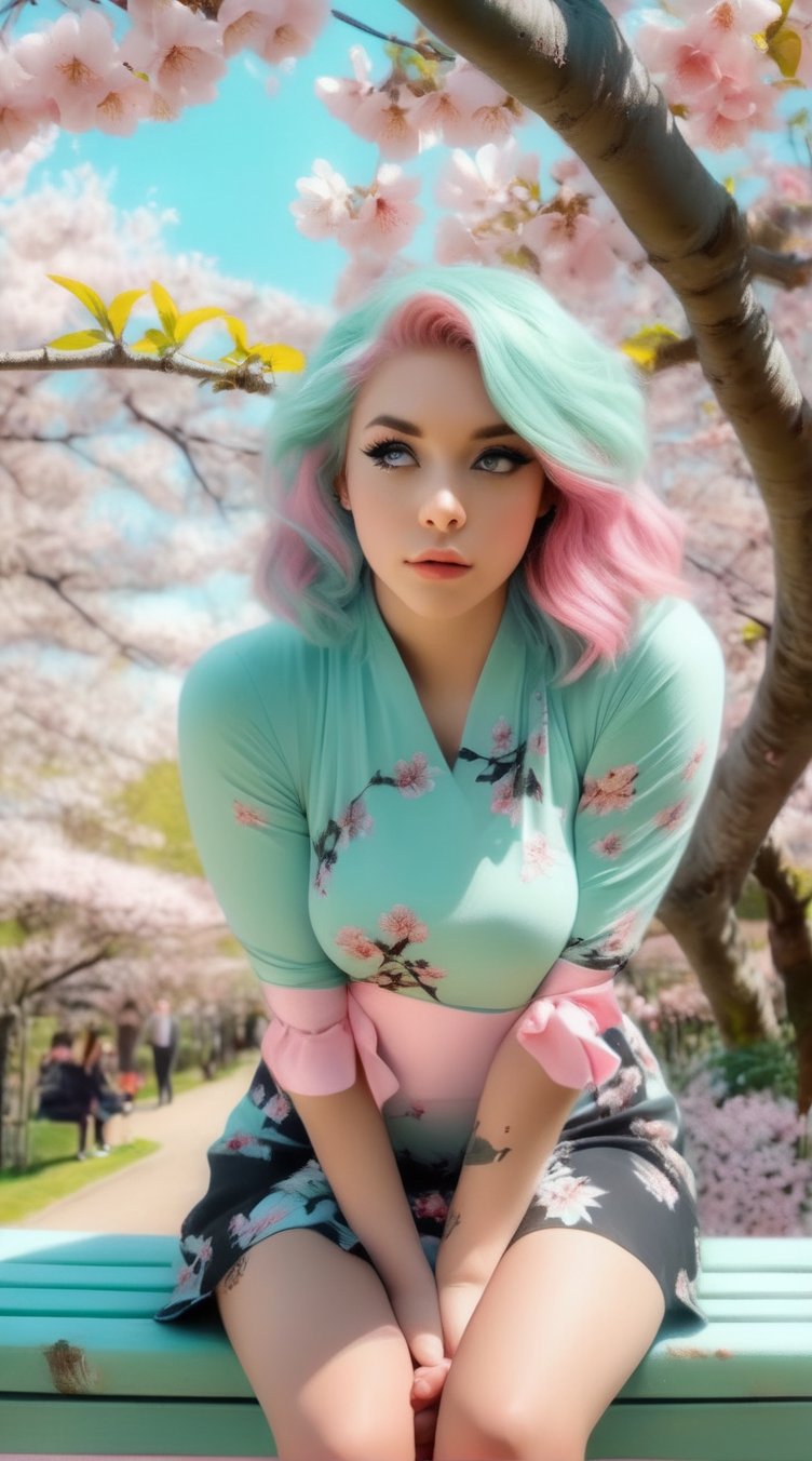  a photorealistic portrait of a sexy girl with soft pastel pink hair, wearing a light mint green summer dress, sitting on a pastel blue bench in a blooming cherry blossom garden, with petals gently falling around her, capturing a serene and contemplative moment ,monster,Anime 