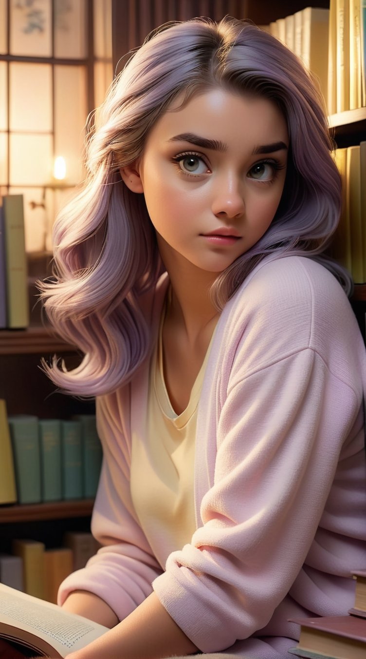 a detailed and realistic portrayal of a girl in a cozy pastel-toned library corner, with subtle pastel yellow lighting, surrounded by books with muted pastel spines, wearing comfortable pastel violet loungewear, lost in the pages of a novel 