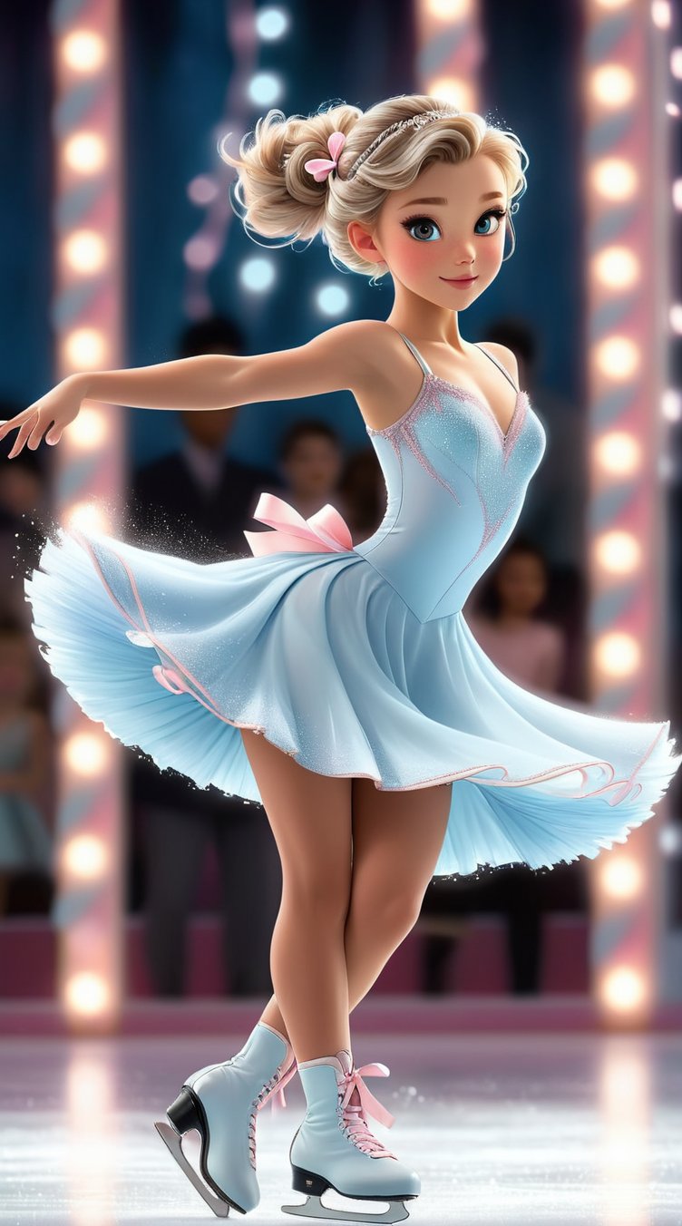 create an ultra-realistic scene of a girl in a pastel blue figure skating dress, performing on an ice rink with pastel pink spotlights illuminating her as she spins, her hair tied back with pastel ribbons, embodying grace and poise 